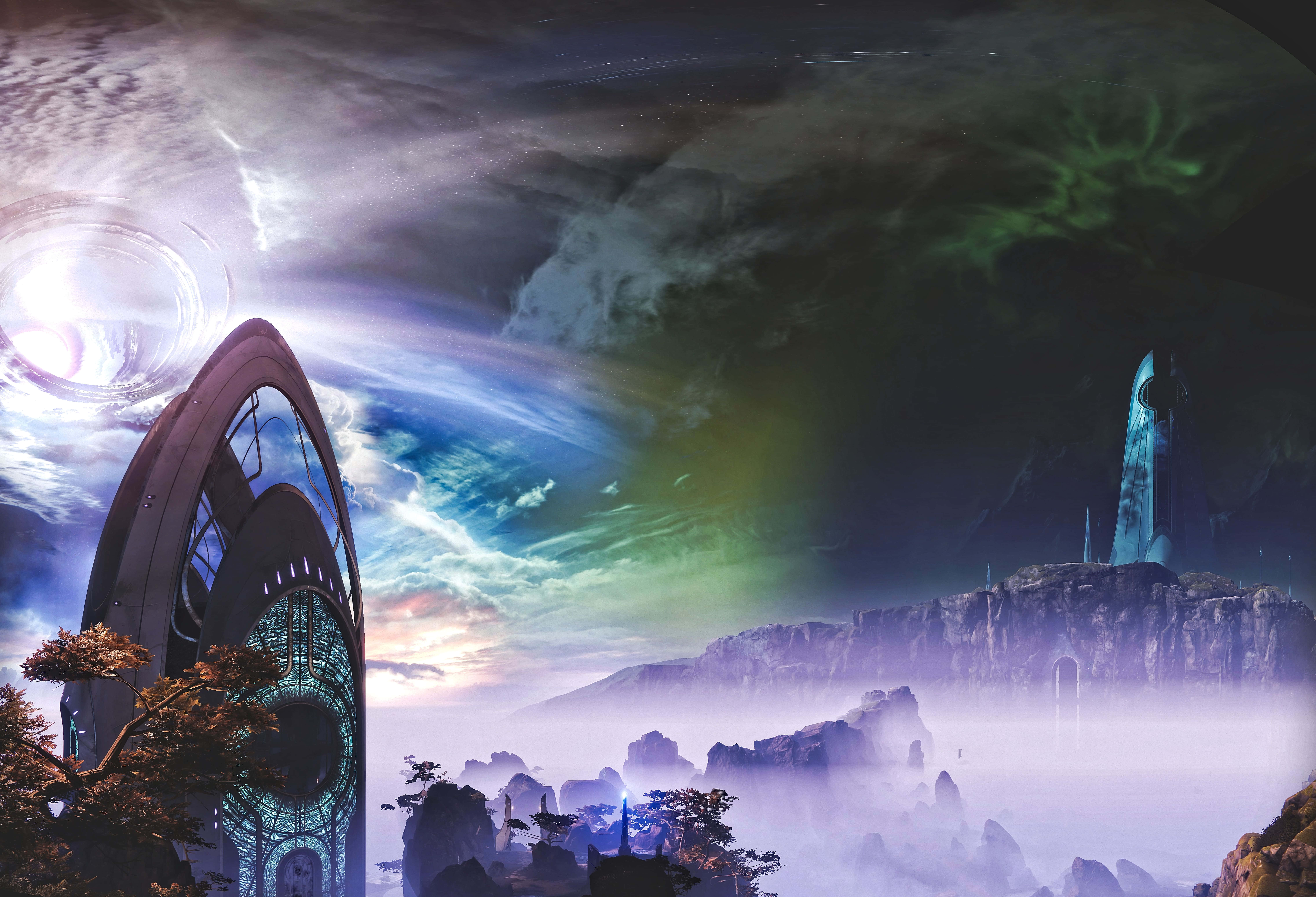 futuristic archway, spire, misty alien mountains, 8K Desktop Wallpaper