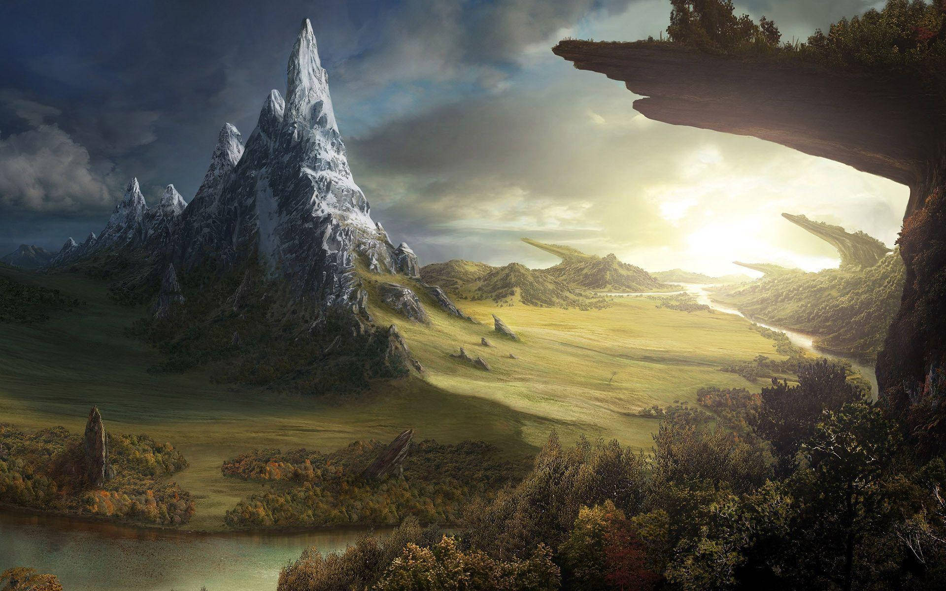 snow-capped mountain range, sunlit valley, winding river, Full HD Desktop Wallpaper