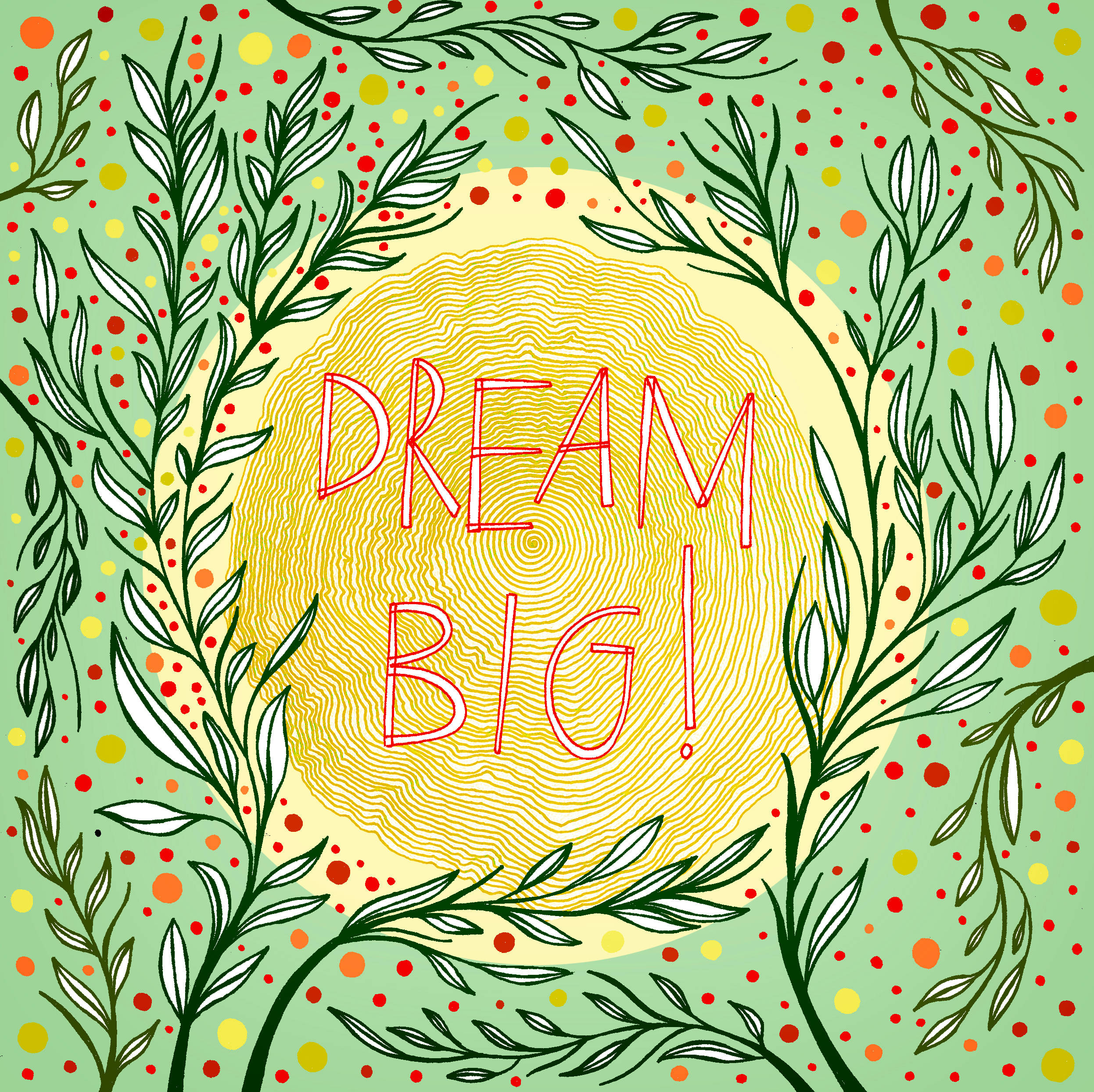 DREAM BIG!, red outlined letters, yellow sunburst, Full HD Desktop Wallpaper