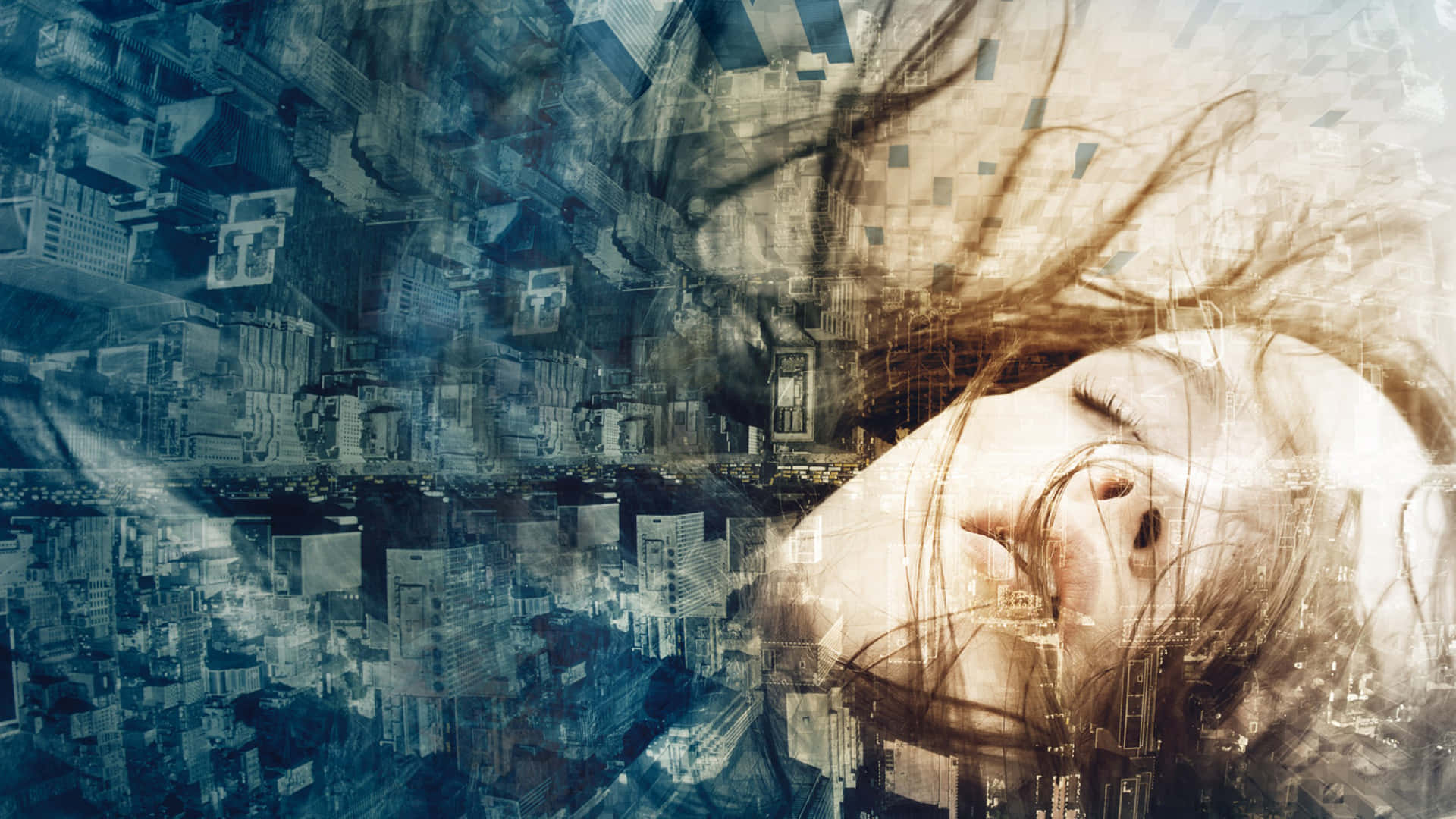 Dreamlike Cityscape Portrait, woman's face, sprawling cityscape, Full HD Desktop Wallpaper