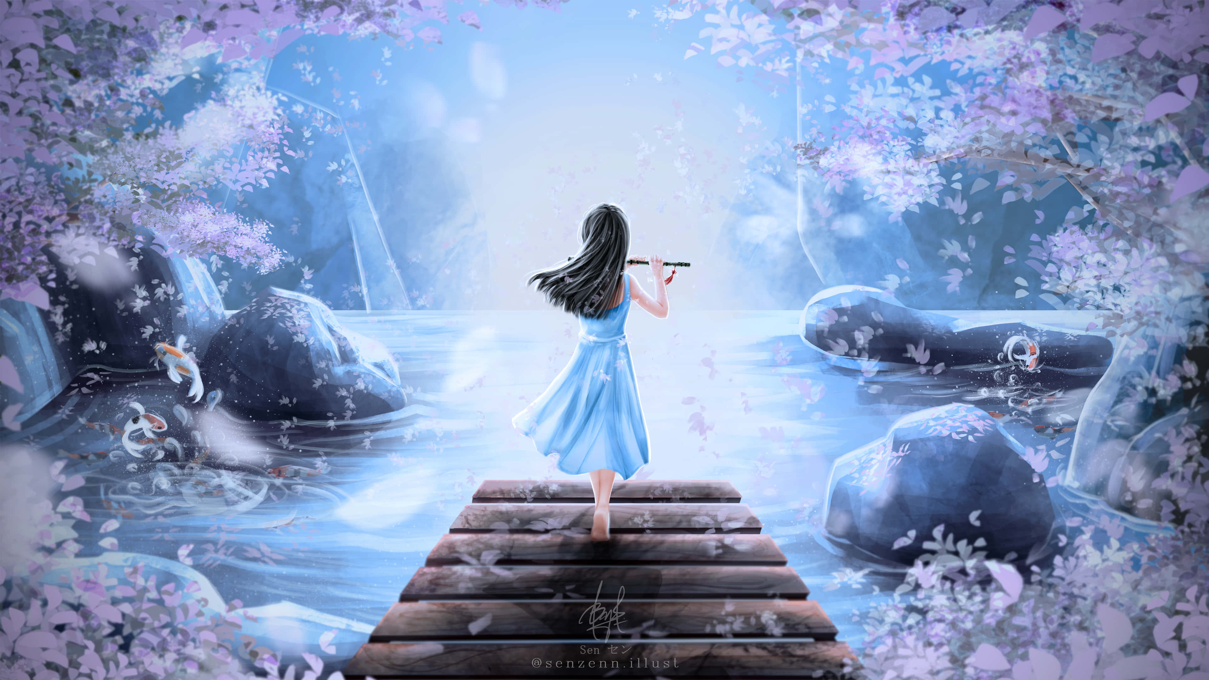 blue dress, wooden bridge, flute, 4K Desktop Wallpaper
