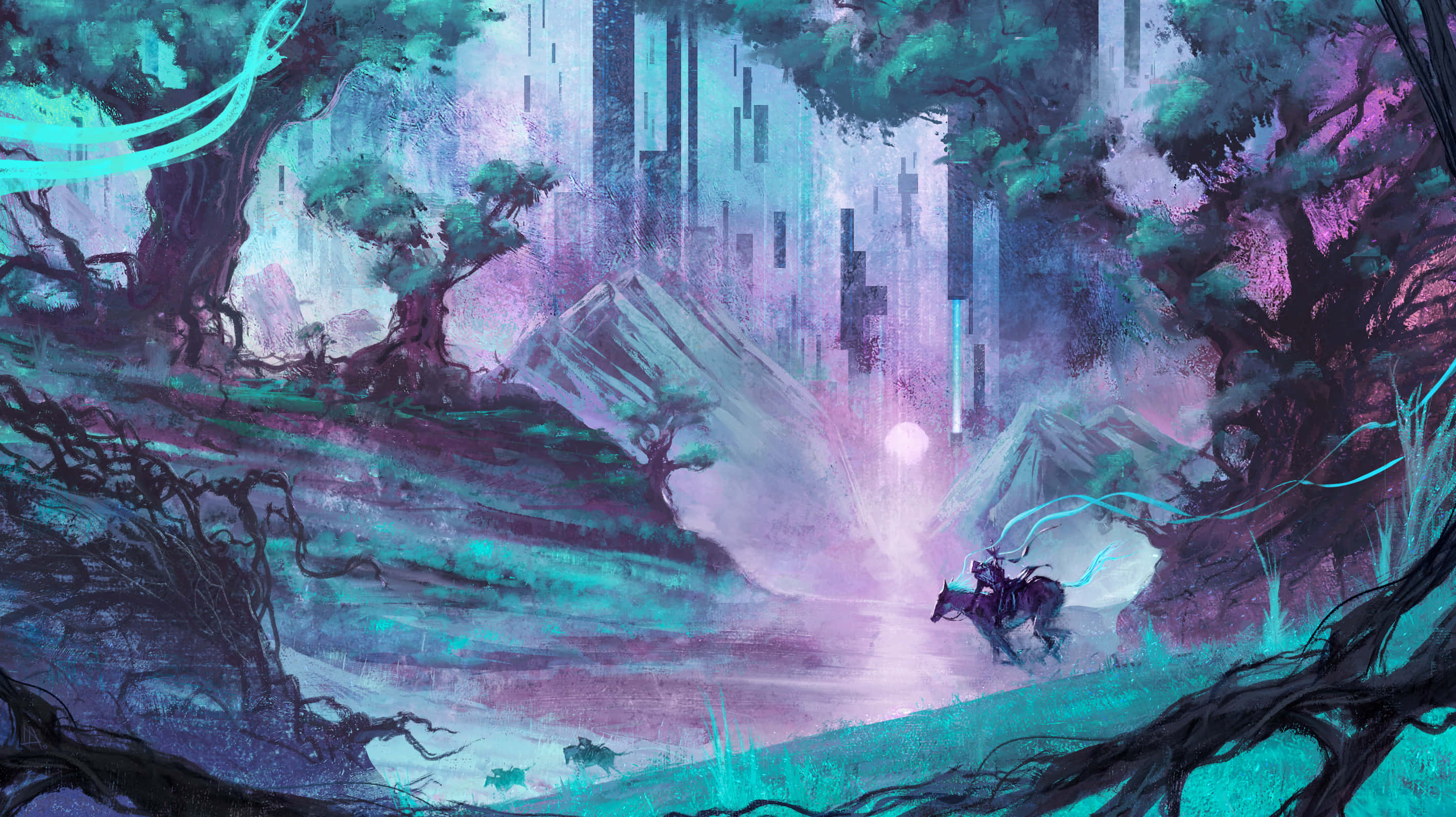 Dream Art, glowing horse, neon trees, 2K Desktop Wallpaper