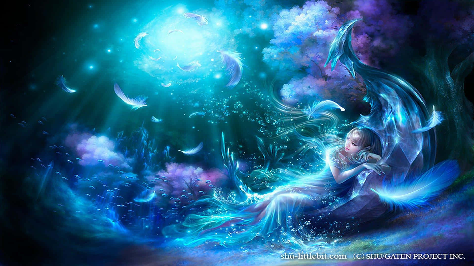 luminous mermaid, flowing blue hair, blue and white background, Full HD Desktop Wallpaper