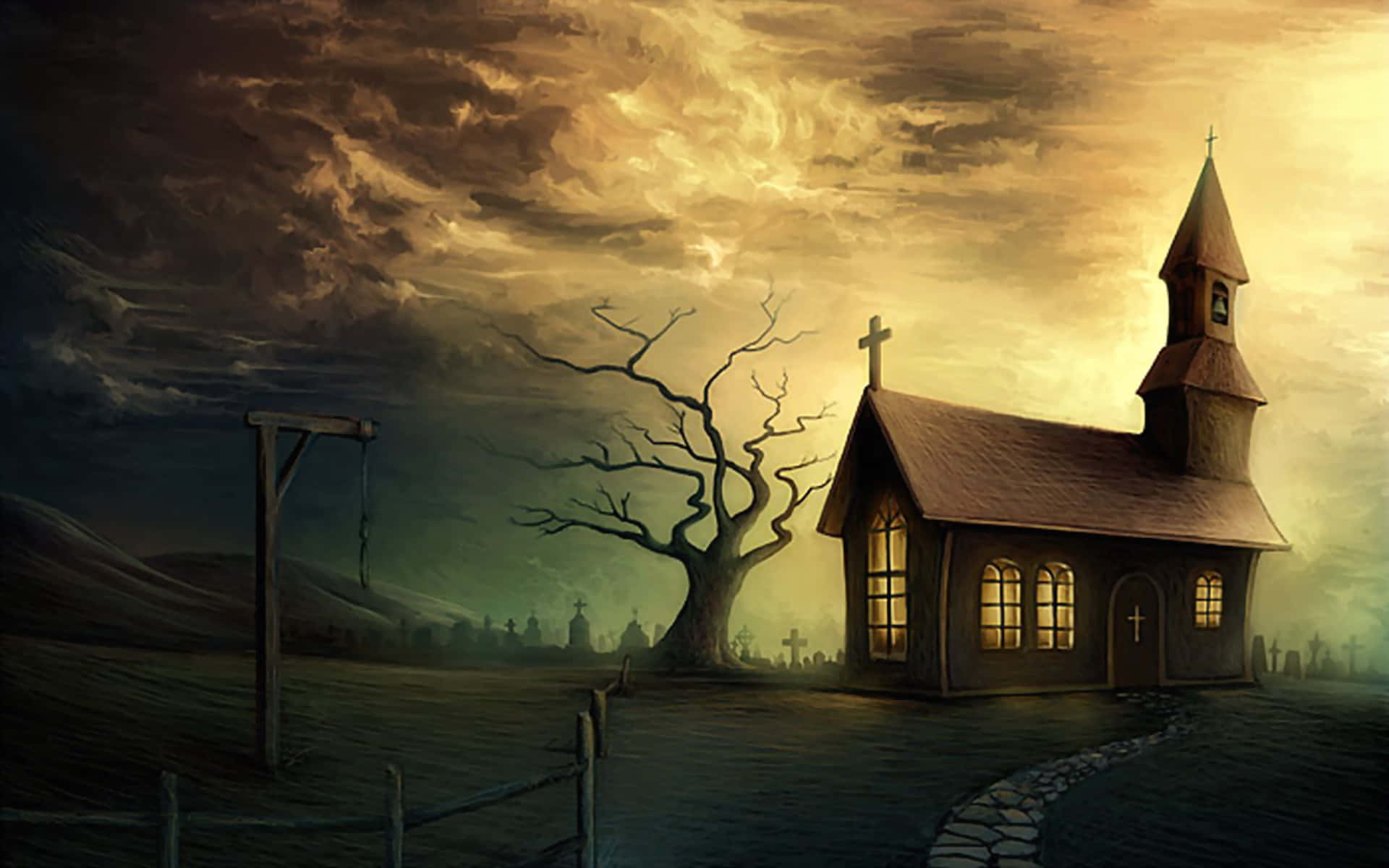 church, field, cemetery, Full HD Desktop Wallpaper