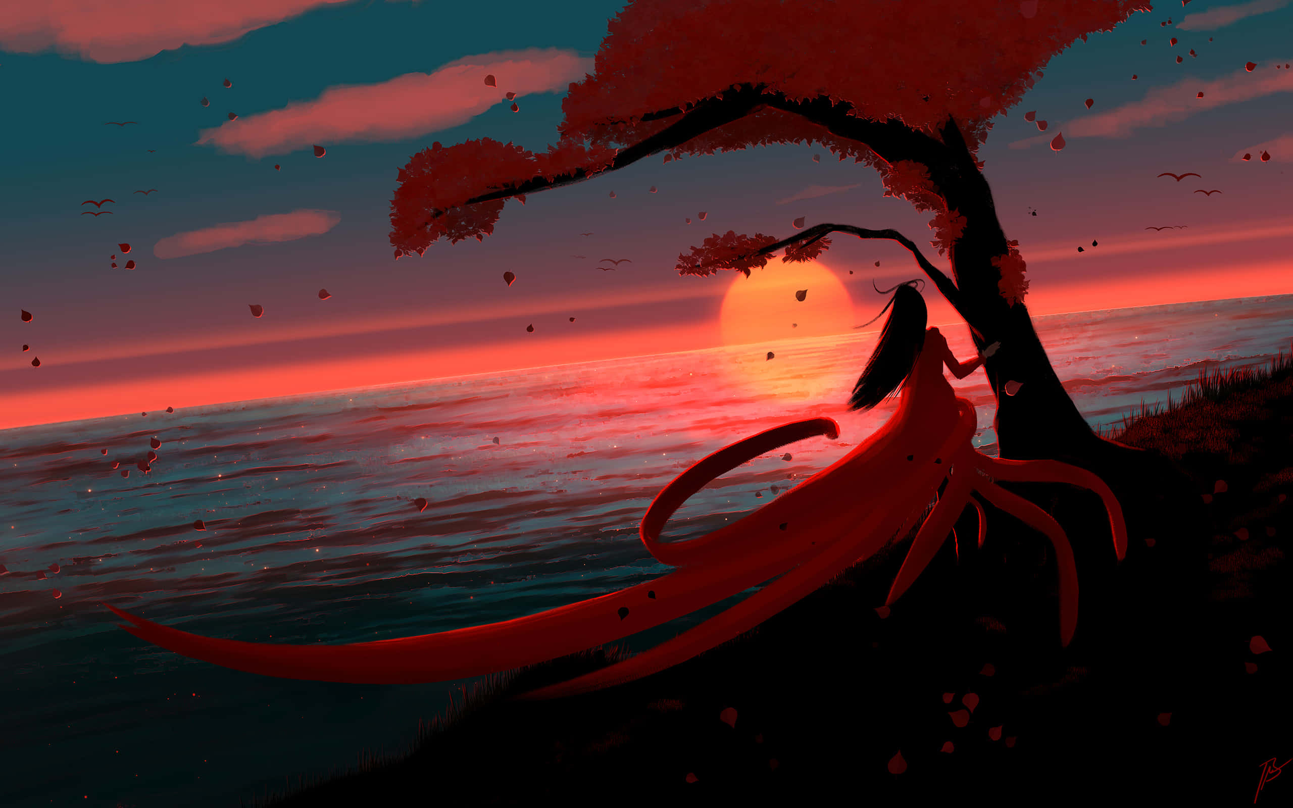anime girl, flowing red hair, blossoming tree, 2K Desktop Wallpaper