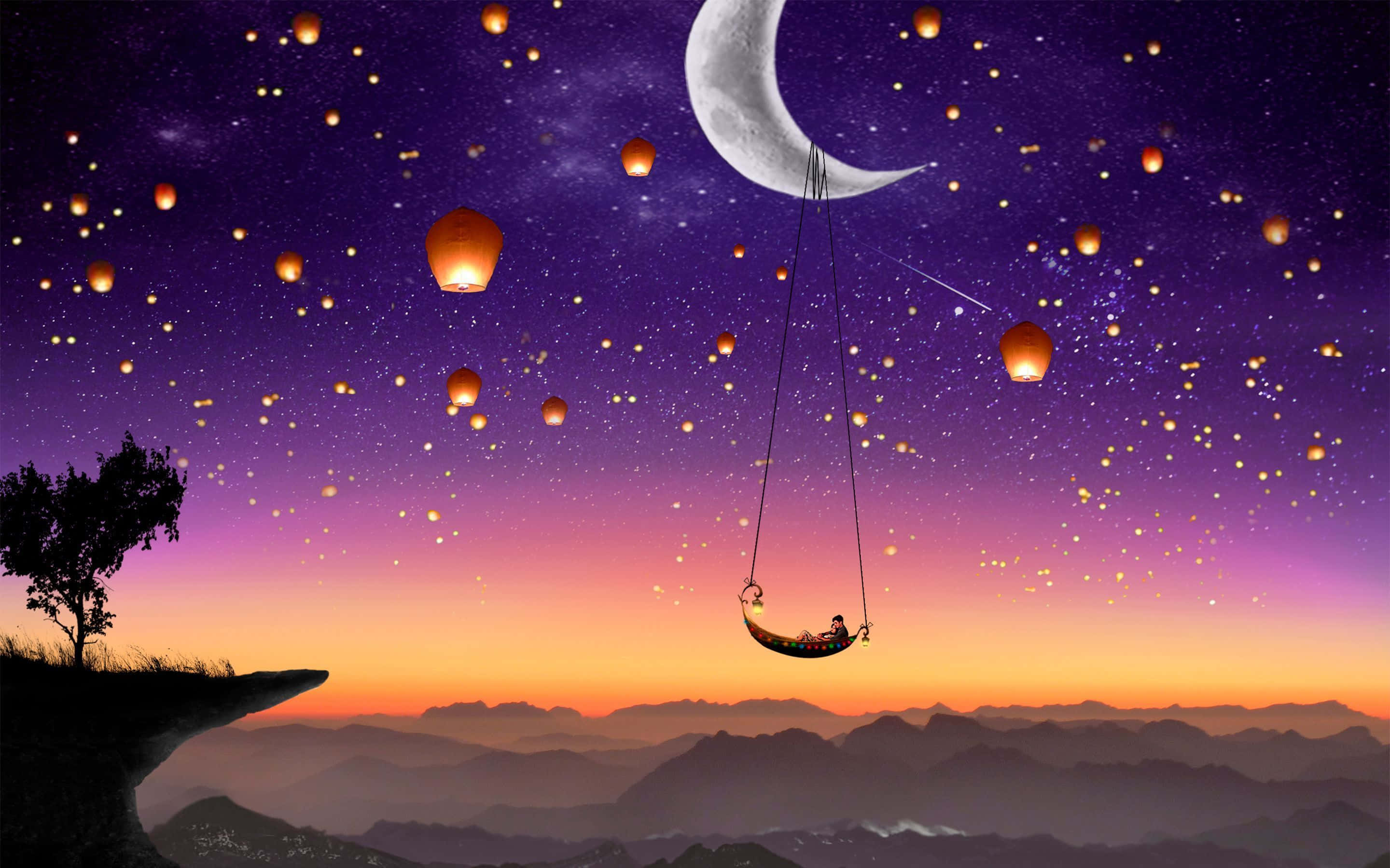 Dream Art, crescent moon, glowing lanterns, 2K Desktop Wallpaper