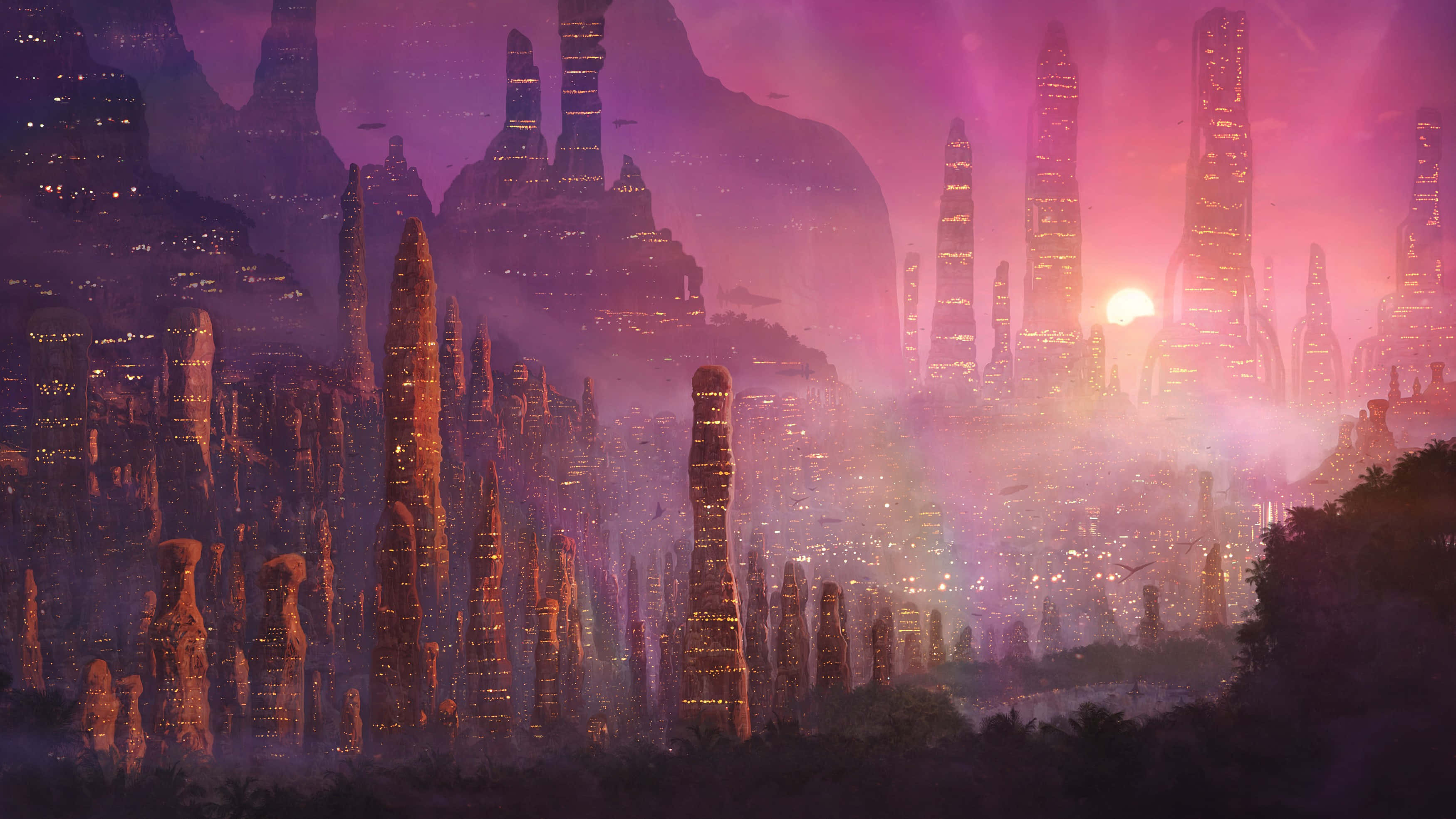 Dream Art, sunset, futuristic cityscape, 2K Desktop Wallpaper