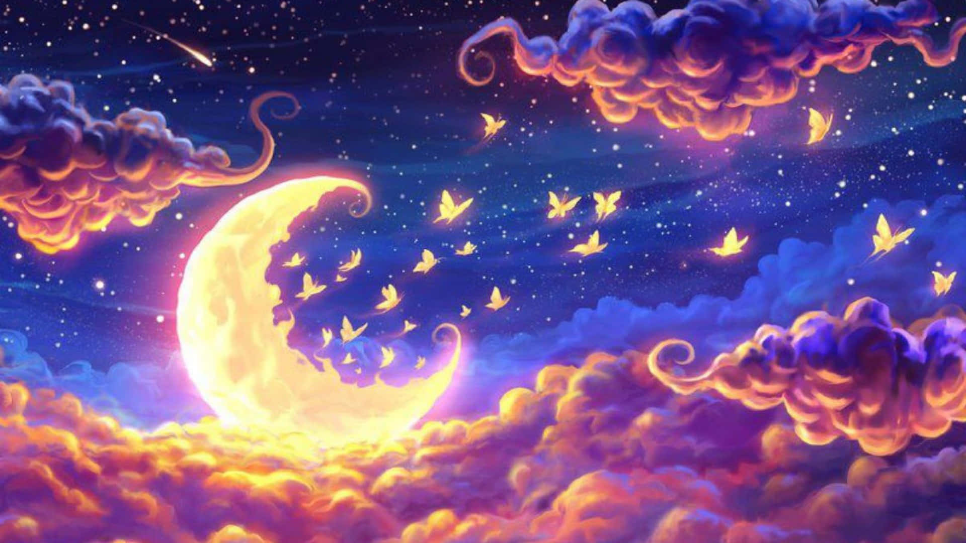 glowing crescent moon, birds, starry sky, Full HD Desktop Wallpaper