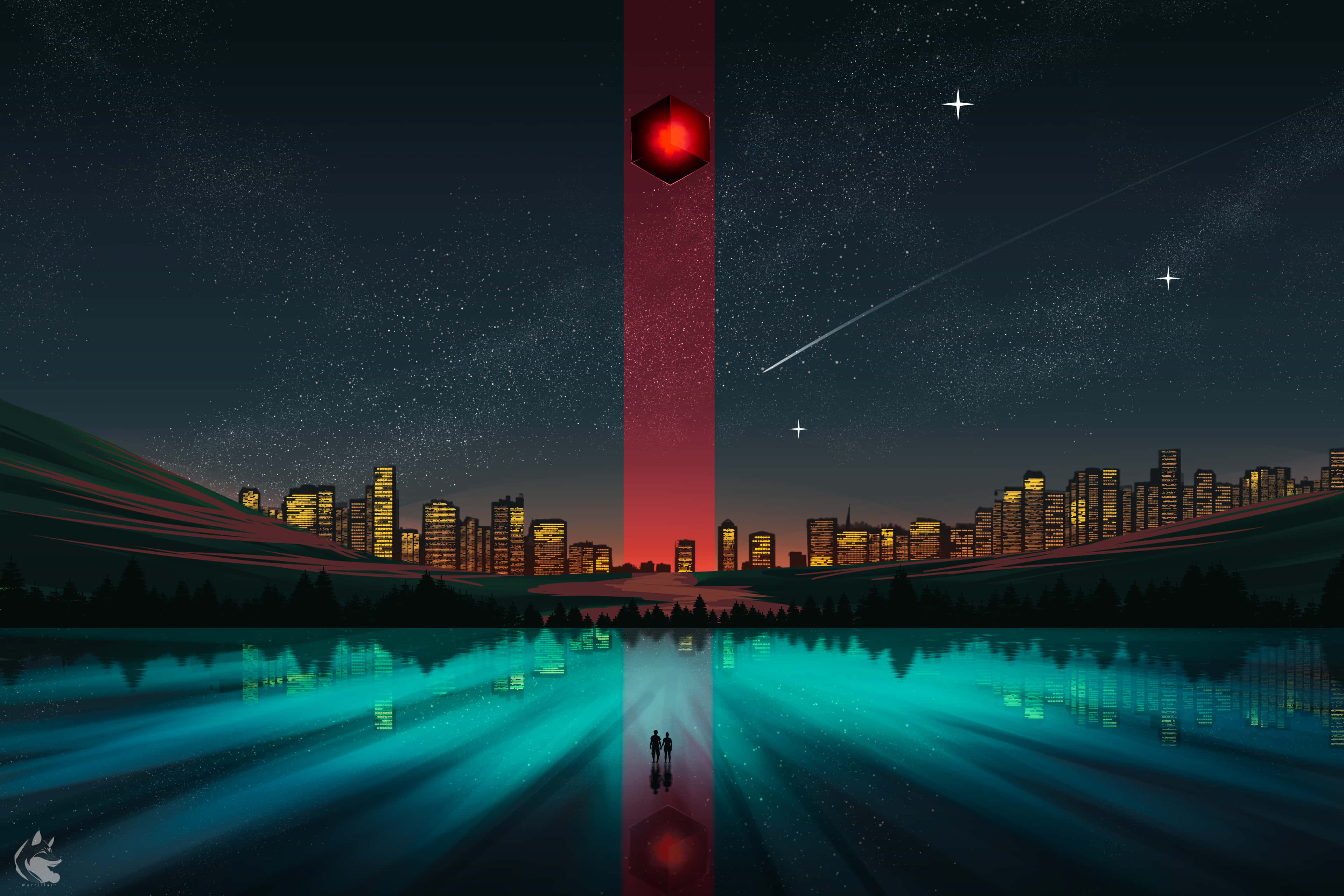 red light in the sky, glowing red monolith, starry night sky, 4K Desktop Wallpaper