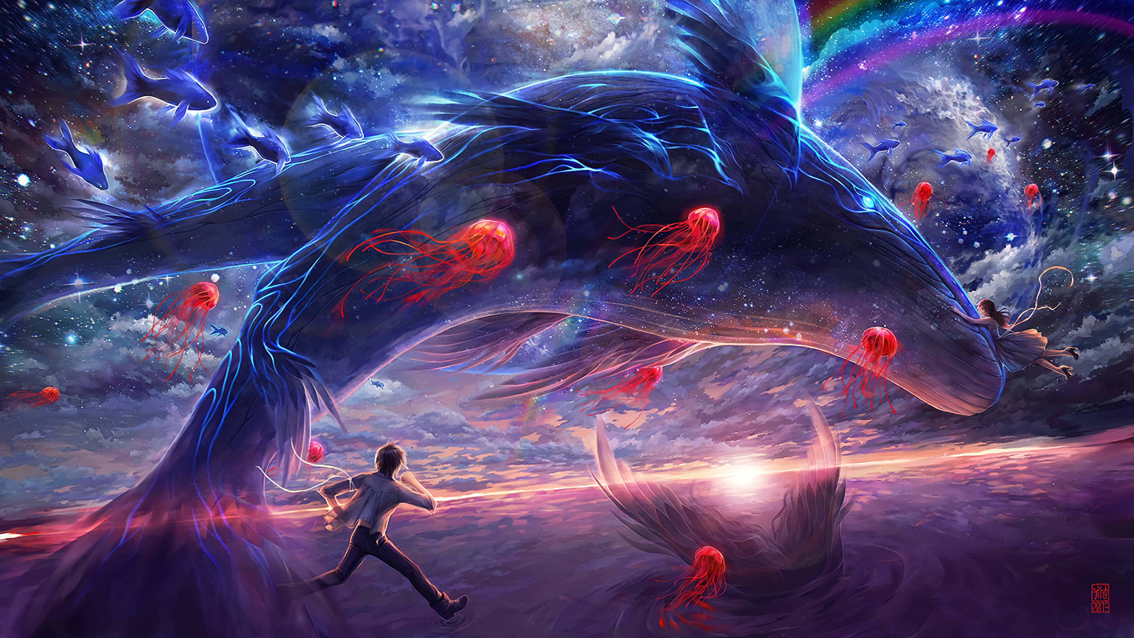 cosmic ocean, giant glowing blue whale, red jellyfish, 4K Desktop Wallpaper