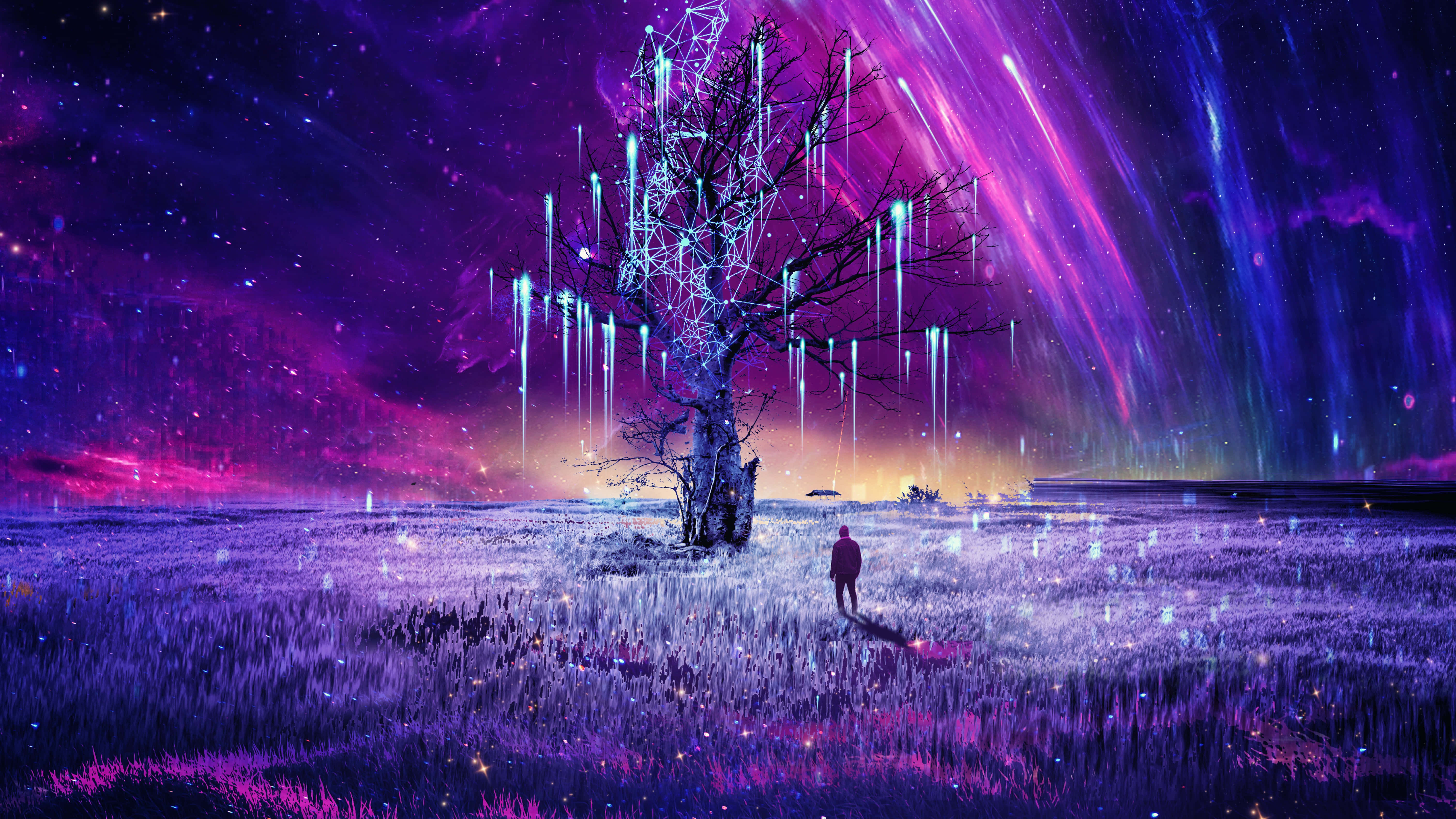 Dream Art, glowing purple field, cosmic sky, 5K Desktop Wallpaper