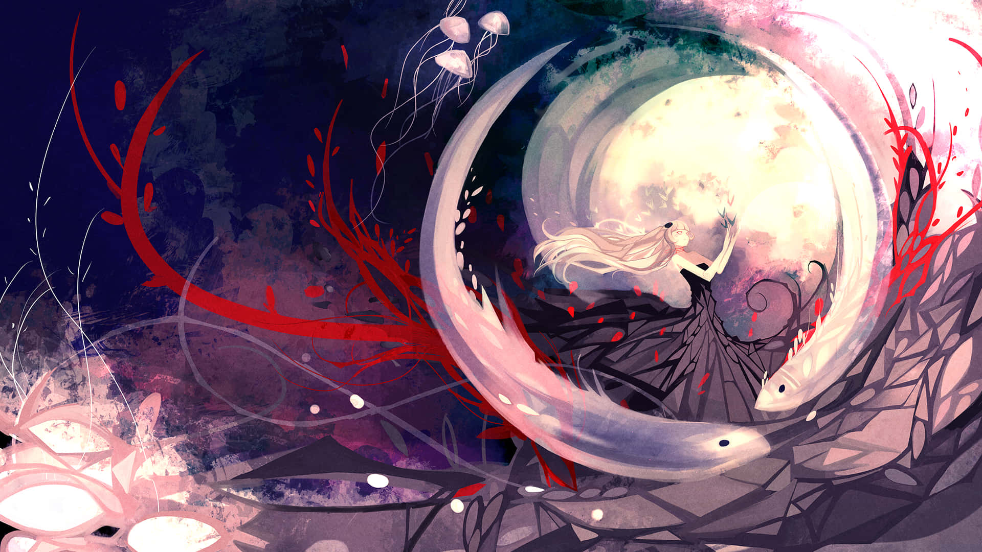 crescent moon, red splatters, jellyfish, Full HD Desktop Wallpaper