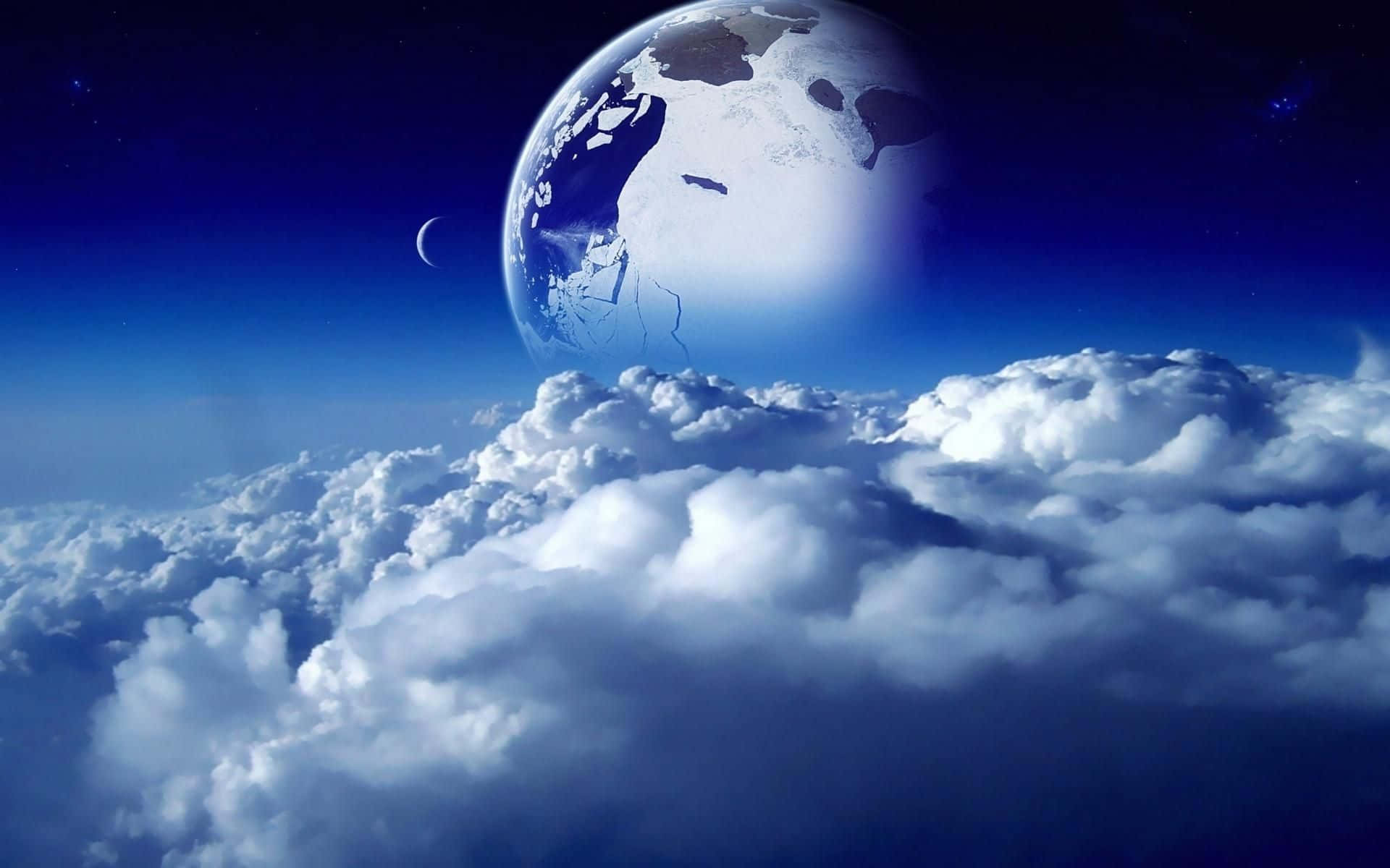 Earth, fluffy white clouds, starry night sky, Full HD Desktop Wallpaper