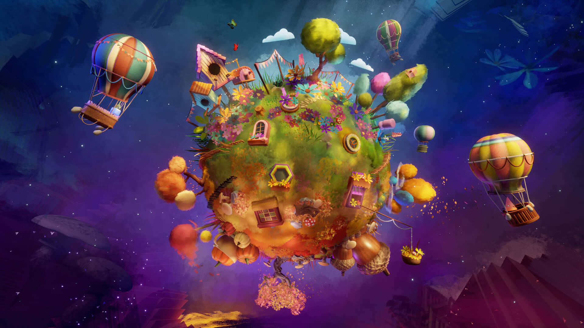 Dream Art, whimsical floating island, colorful houses, Full HD Desktop Wallpaper