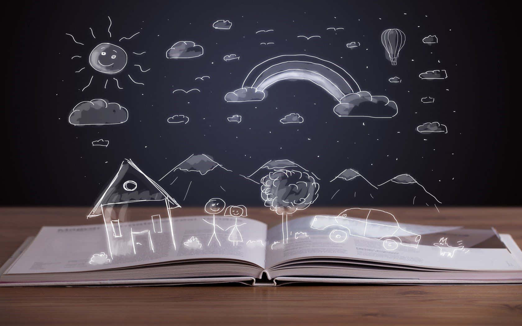 Dream Art, glowing white chalk-style drawings, house tree people mountains rainbow sun hot air balloon, HD Desktop Wallpaper