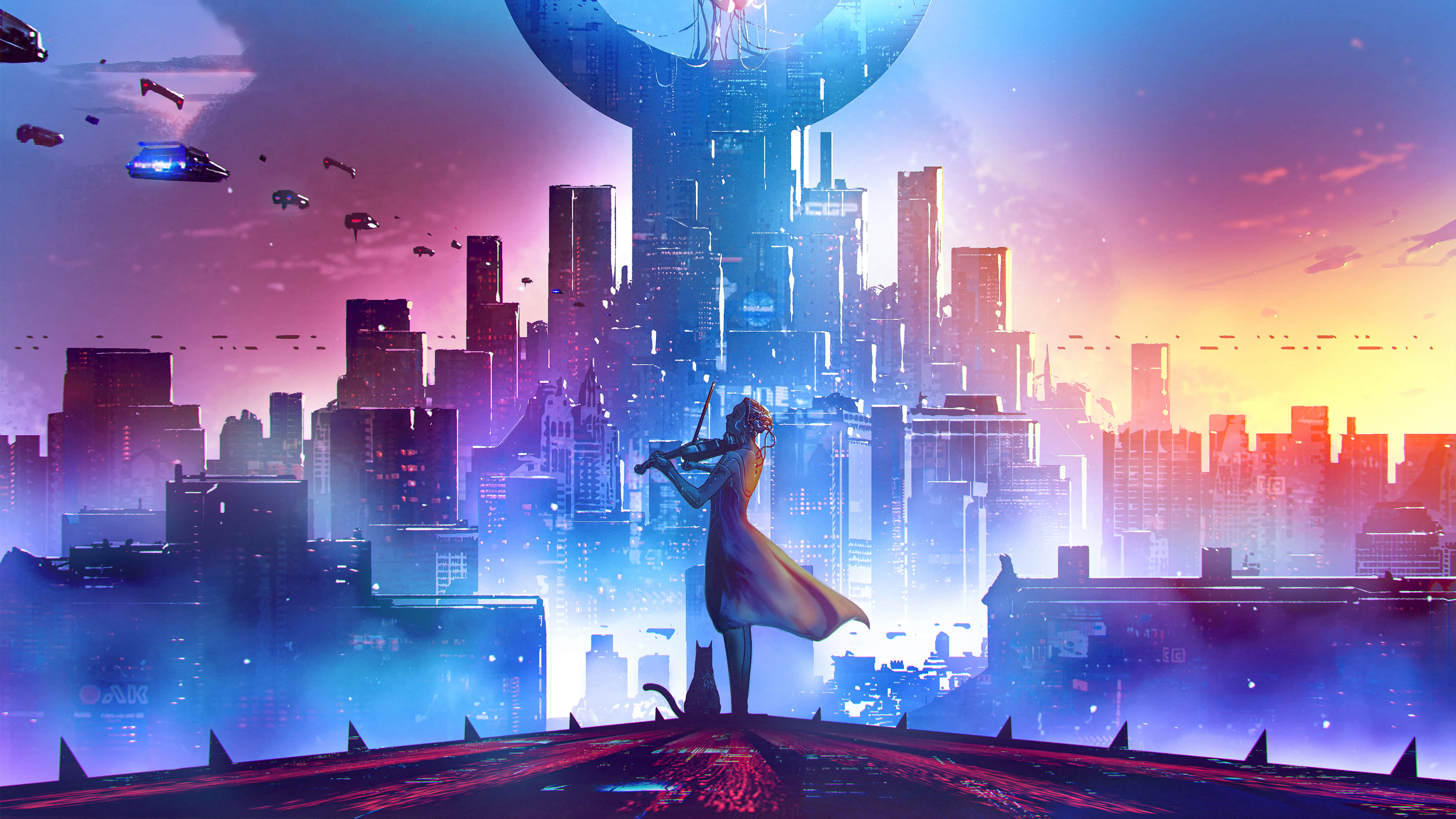 violinist, rooftop, neon-drenched cyberpunk cityscape, 5K Desktop Wallpaper