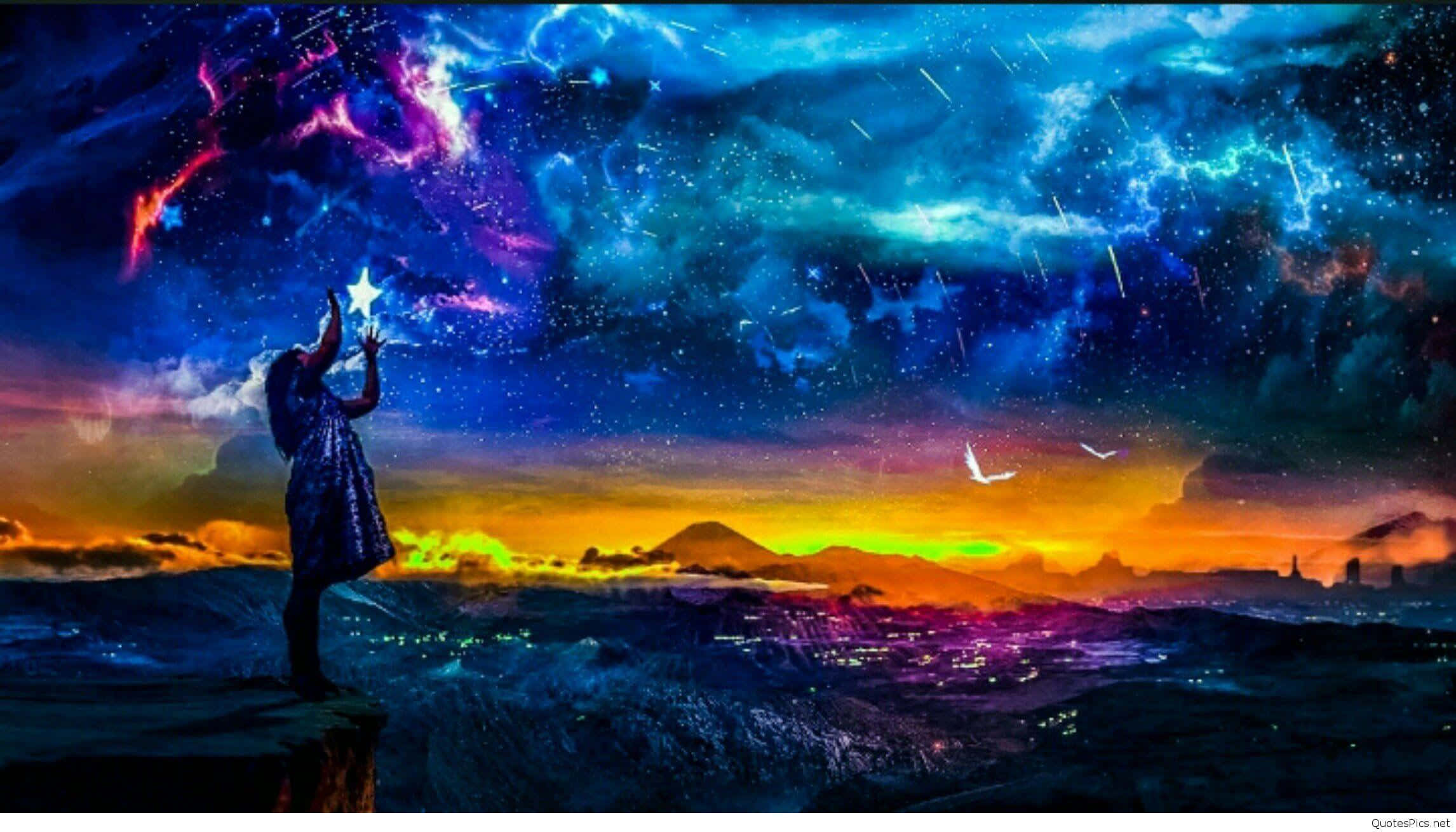 Dream Art, cosmic sky, glowing cityscape, Full HD Desktop Wallpaper