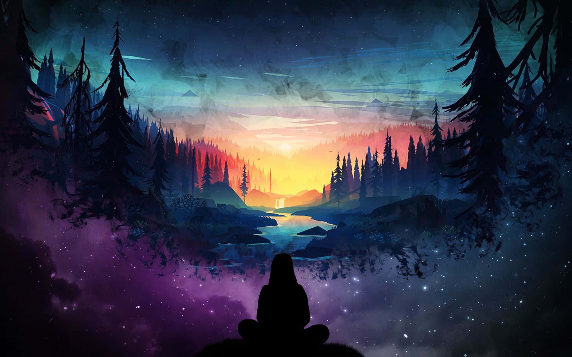 Dream Art, starry twilight sky, glowing river, Full HD Desktop Wallpaper