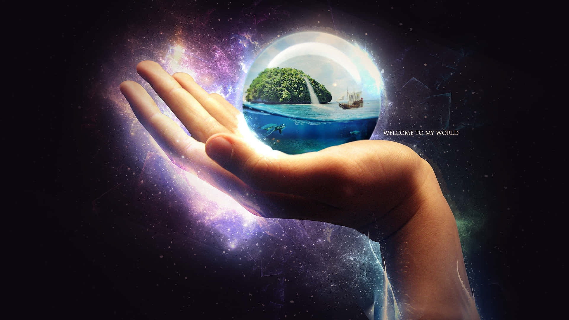 glass ball, planet, lush island, Full HD Desktop Wallpaper
