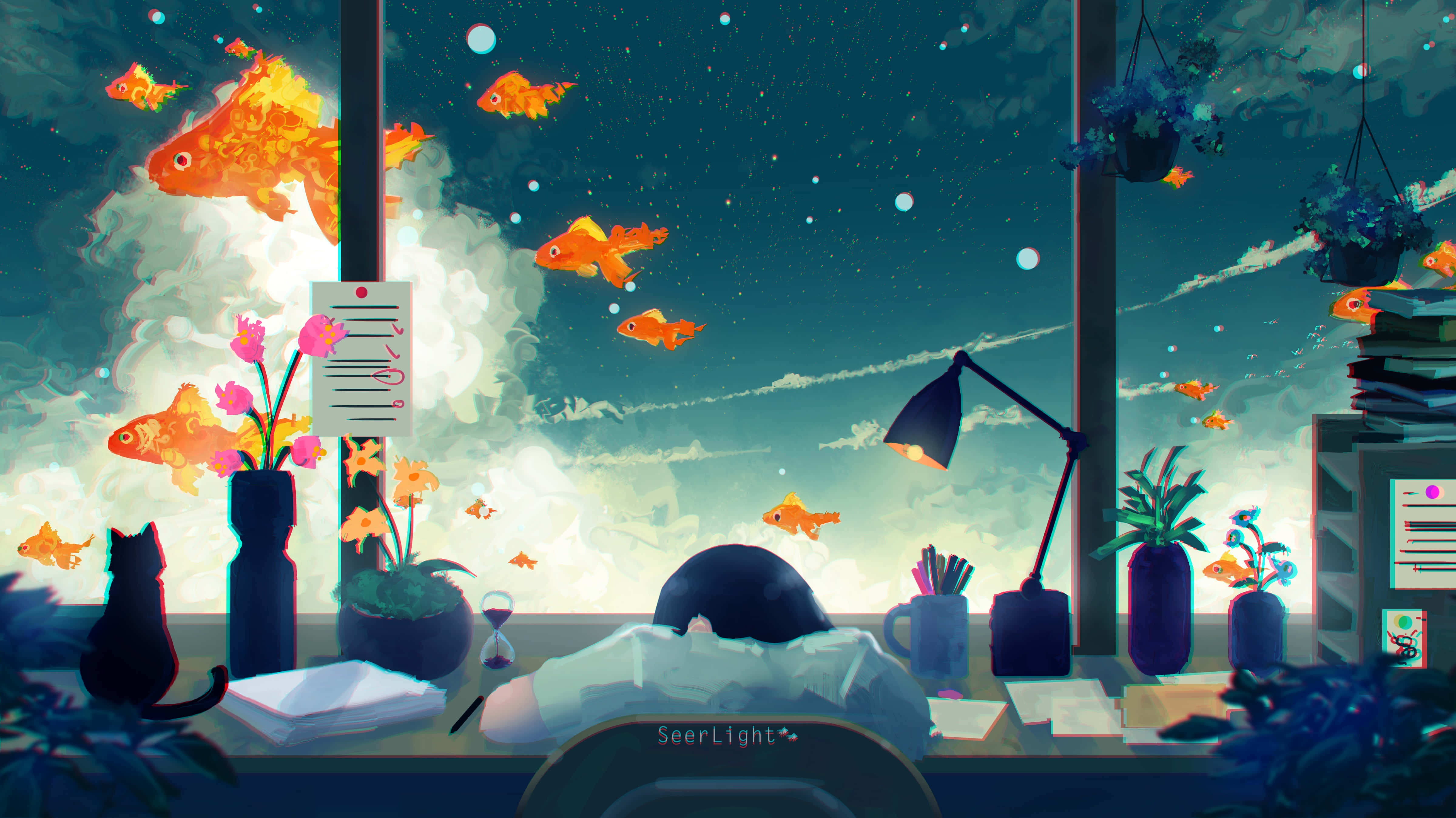 Dream Art, glowing goldfish, starry sky, 4K Desktop Wallpaper