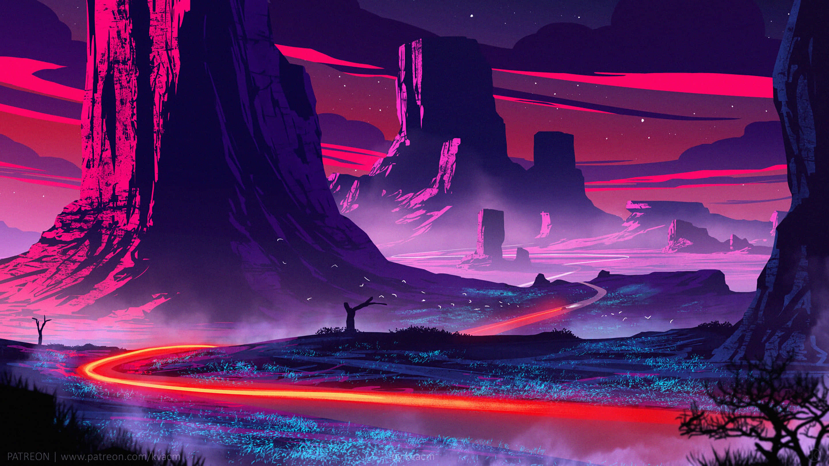 purple and pink landscape, glowing red road, surreal canyon, 2K Desktop Wallpaper