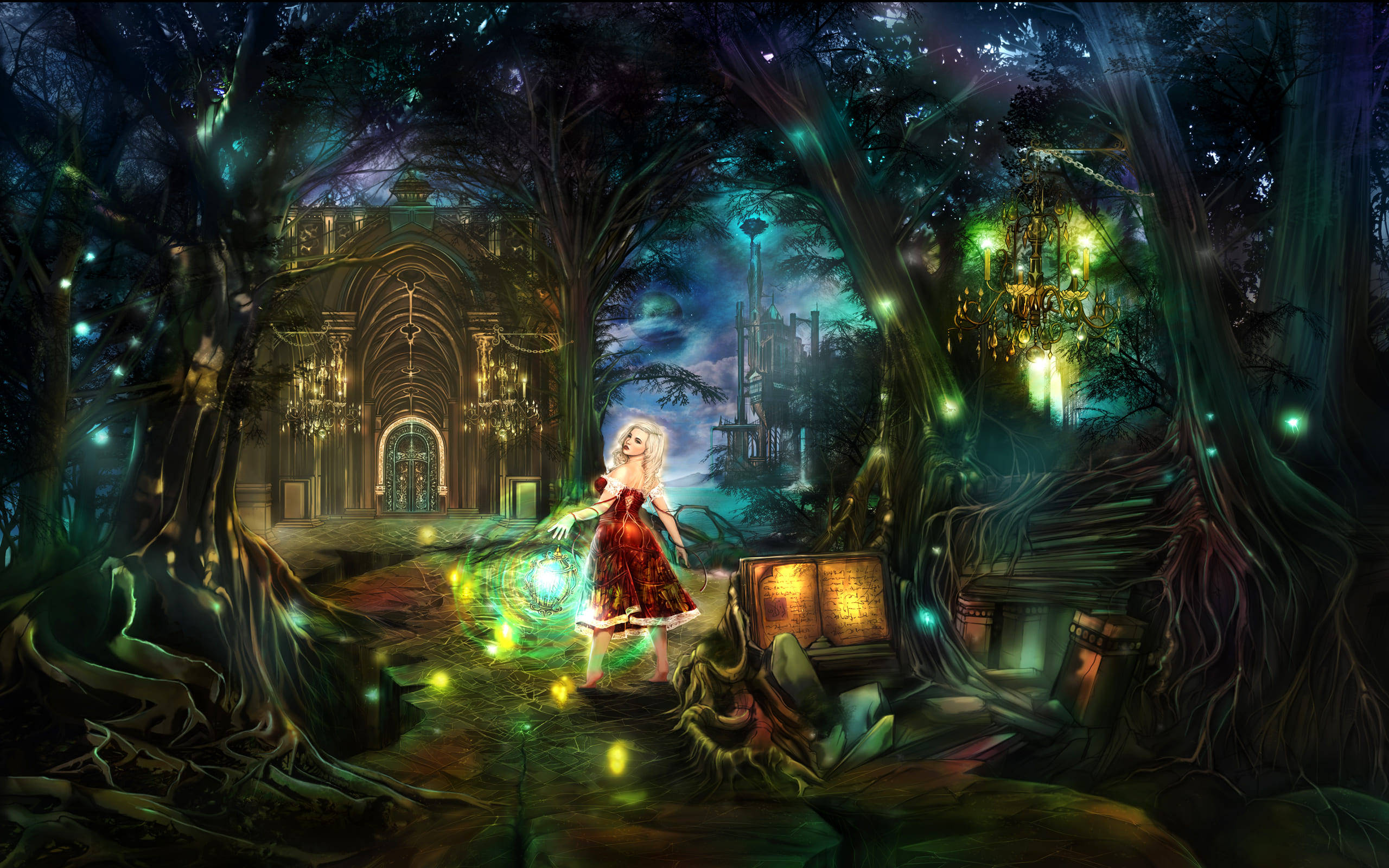 fairy, red dress, mystical forest, 2K Desktop Wallpaper
