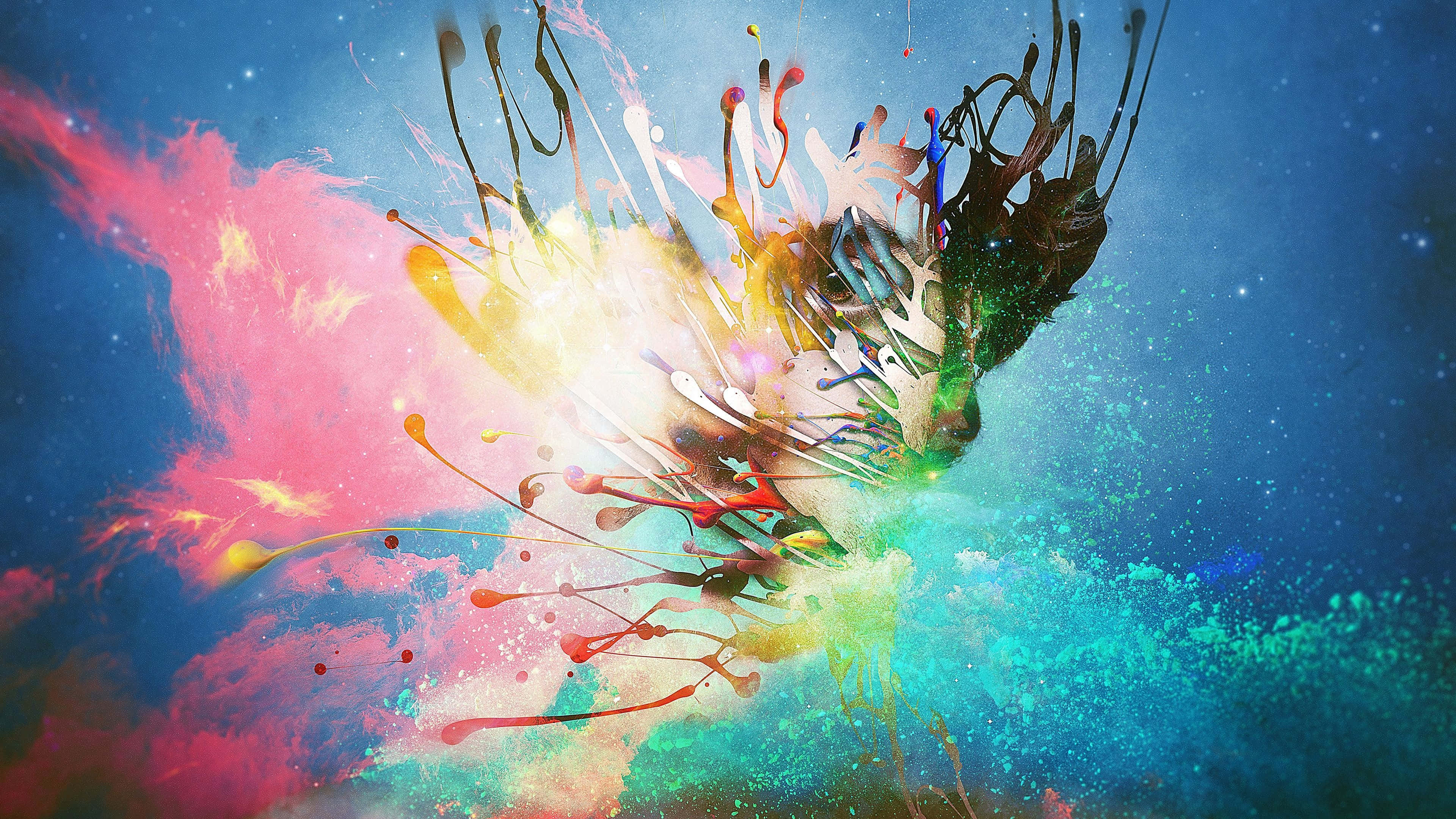 colorful painting, bird flying, vibrant paint splatters, 4K Desktop Wallpaper