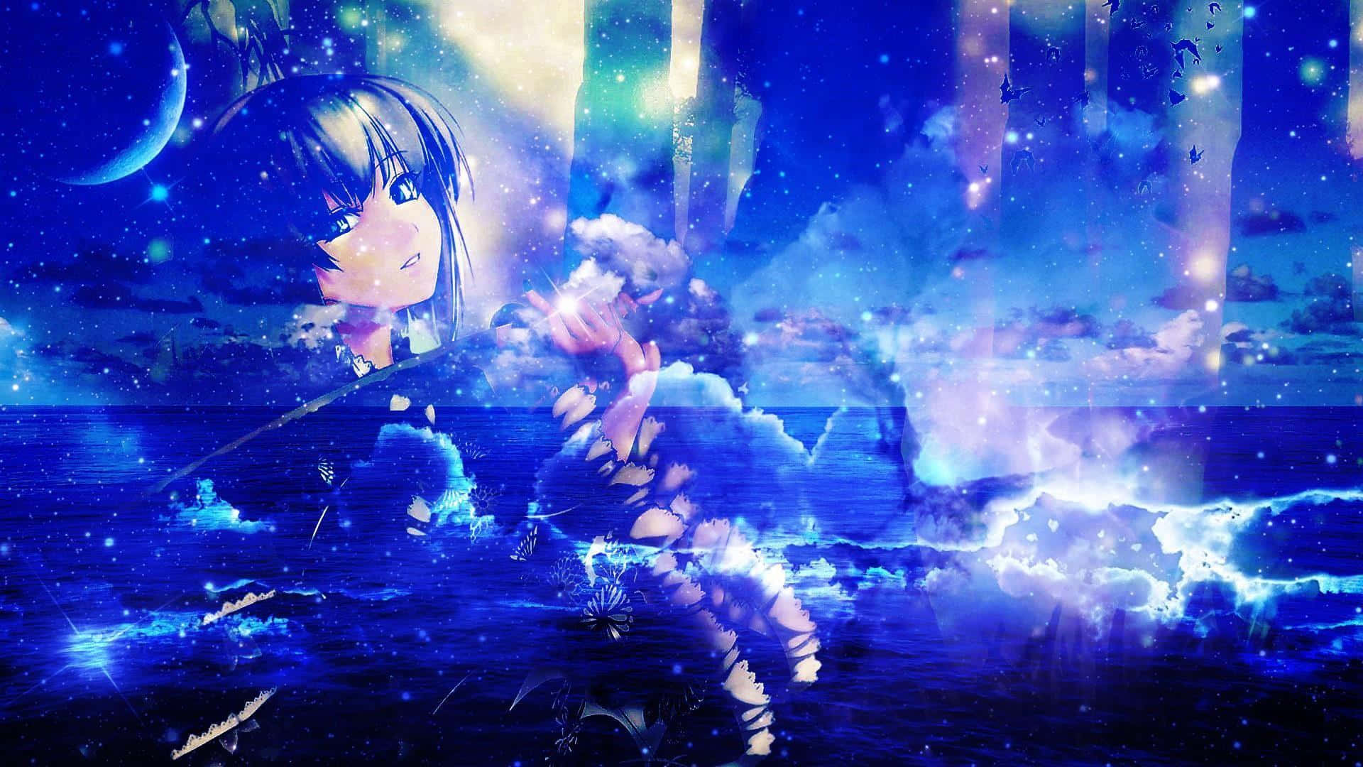 anime girl, dark hair, glowing blue water, Full HD Desktop Wallpaper