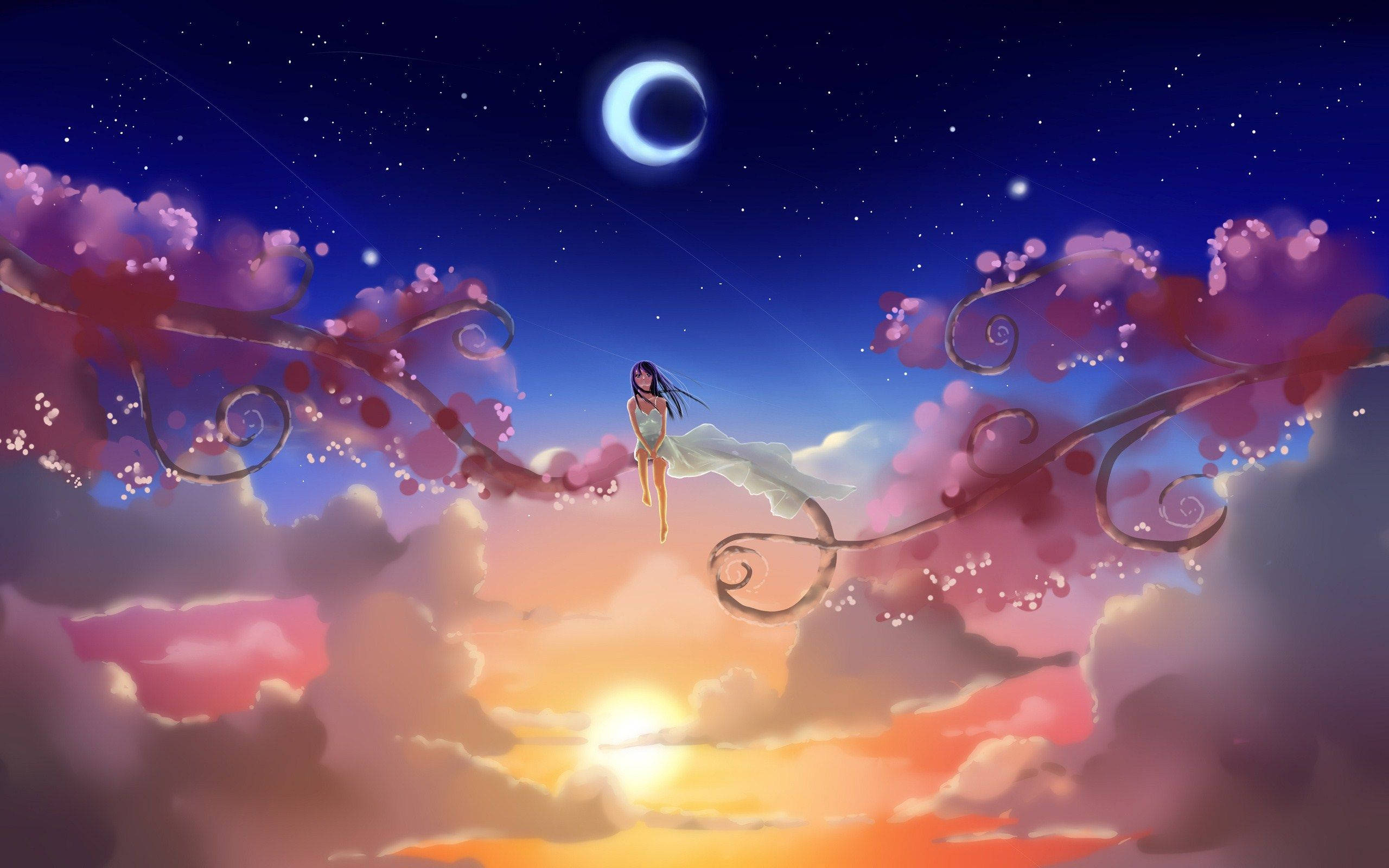 sitting in clouds dream, glowing sunset, crescent moon, 2K Desktop Wallpaper