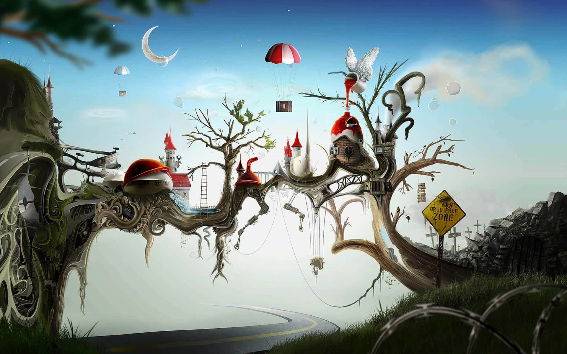 surreal dreamscape, whimsical treehouses, twisted branches, Full HD Desktop Wallpaper