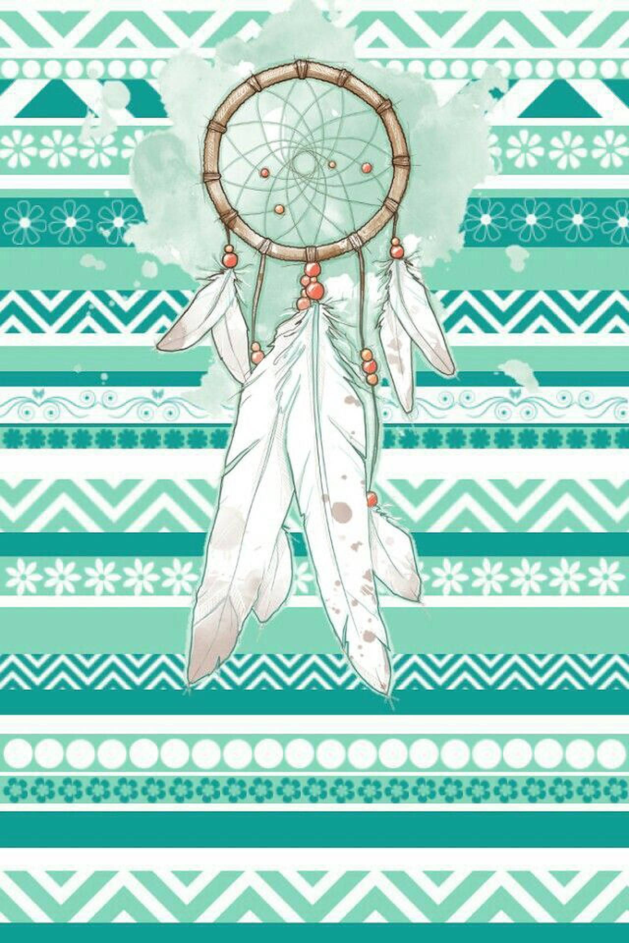 Dream Catcher, tribal motifs, teal and white patterned background, Full HD Phone Wallpaper