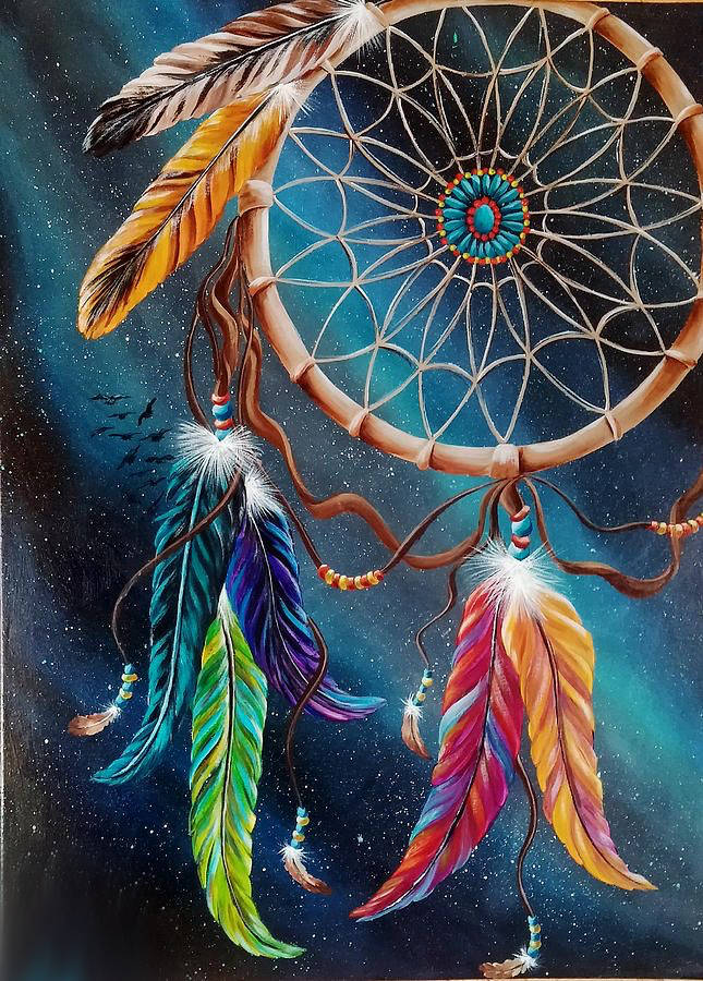 Dream Catcher, multicolored feathers, starry cosmic night sky, SD Phone Wallpaper