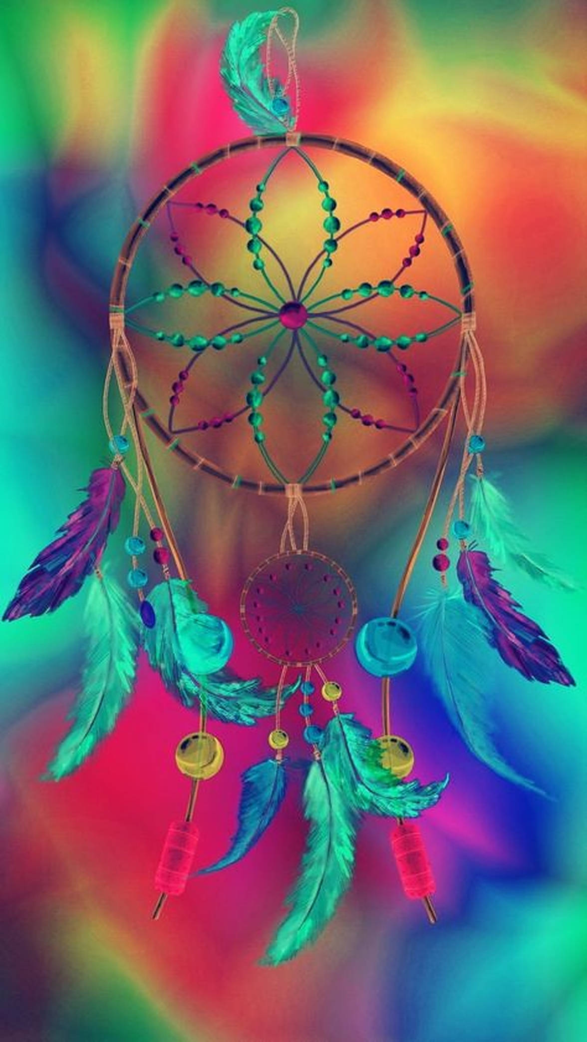 Dream Catcher, turquoise feathers, rainbow gradient, Full HD Phone Wallpaper