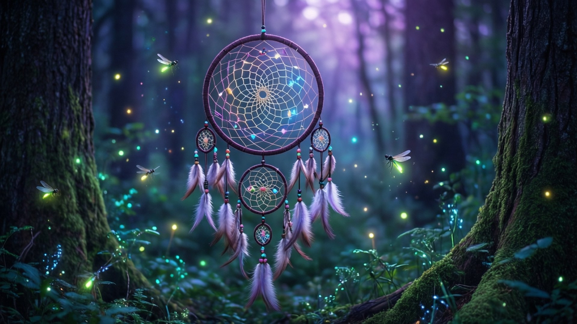 mystical forest, glowing dreamcatcher, purple feathers, Full HD Desktop Wallpaper