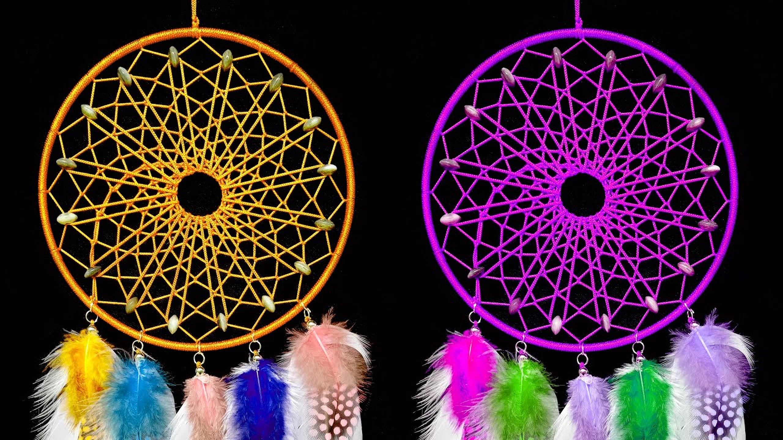 yellow and purple dream catchers, gold dream catcher, purple dream catcher, 2K Desktop Wallpaper