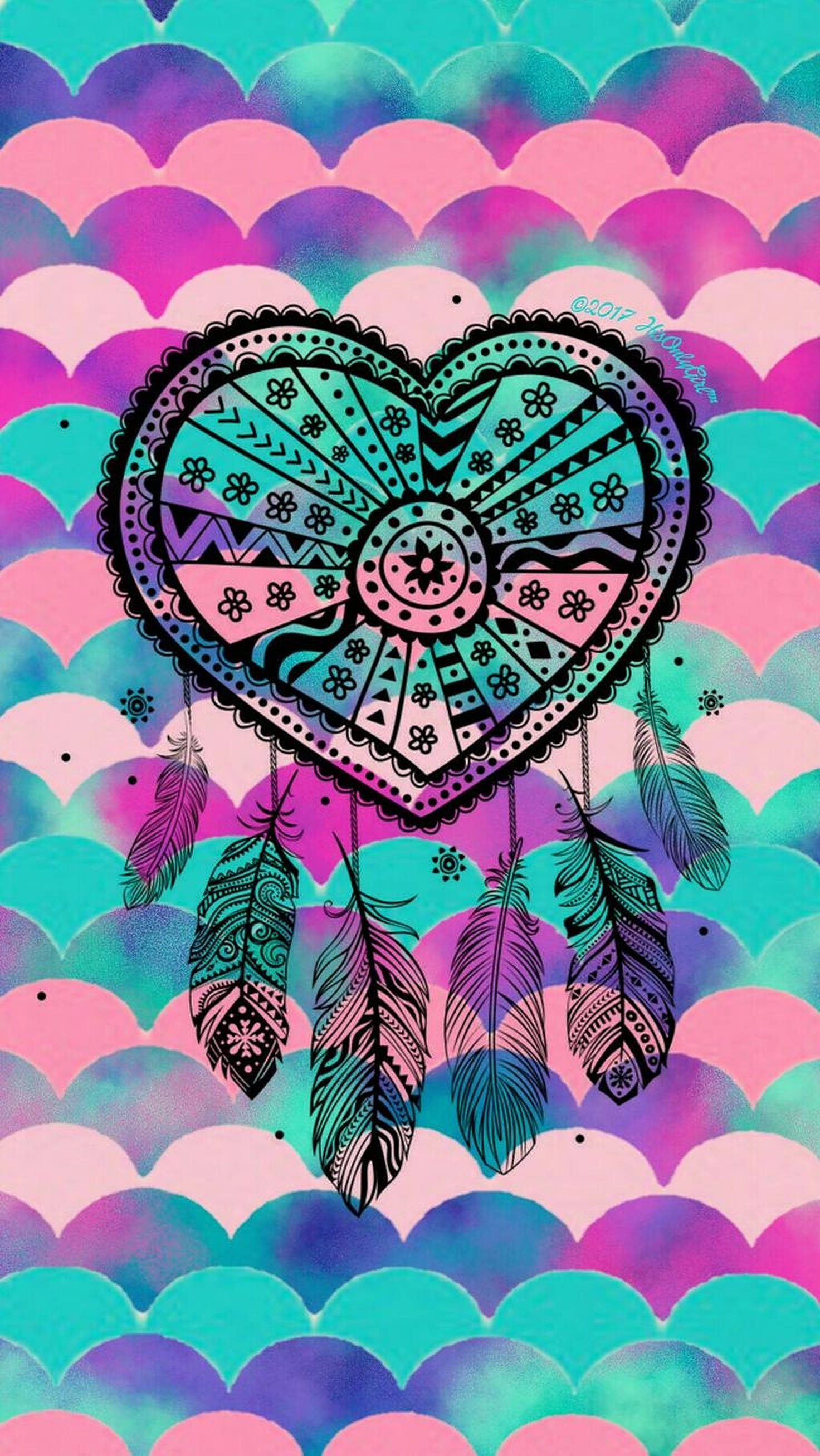 heart dream catcher, mandala heart dreamcatcher, patterned feathers, 2K Phone Wallpaper