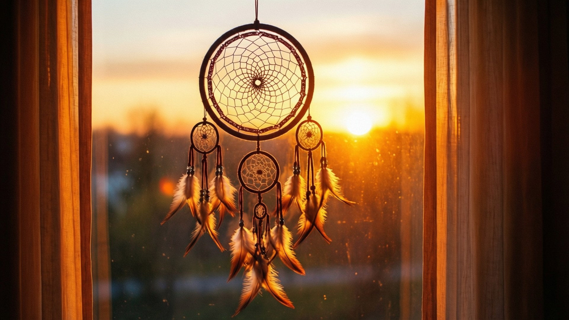 sunrise window dream catcher, golden sunset light, curtains, Full HD Desktop Wallpaper