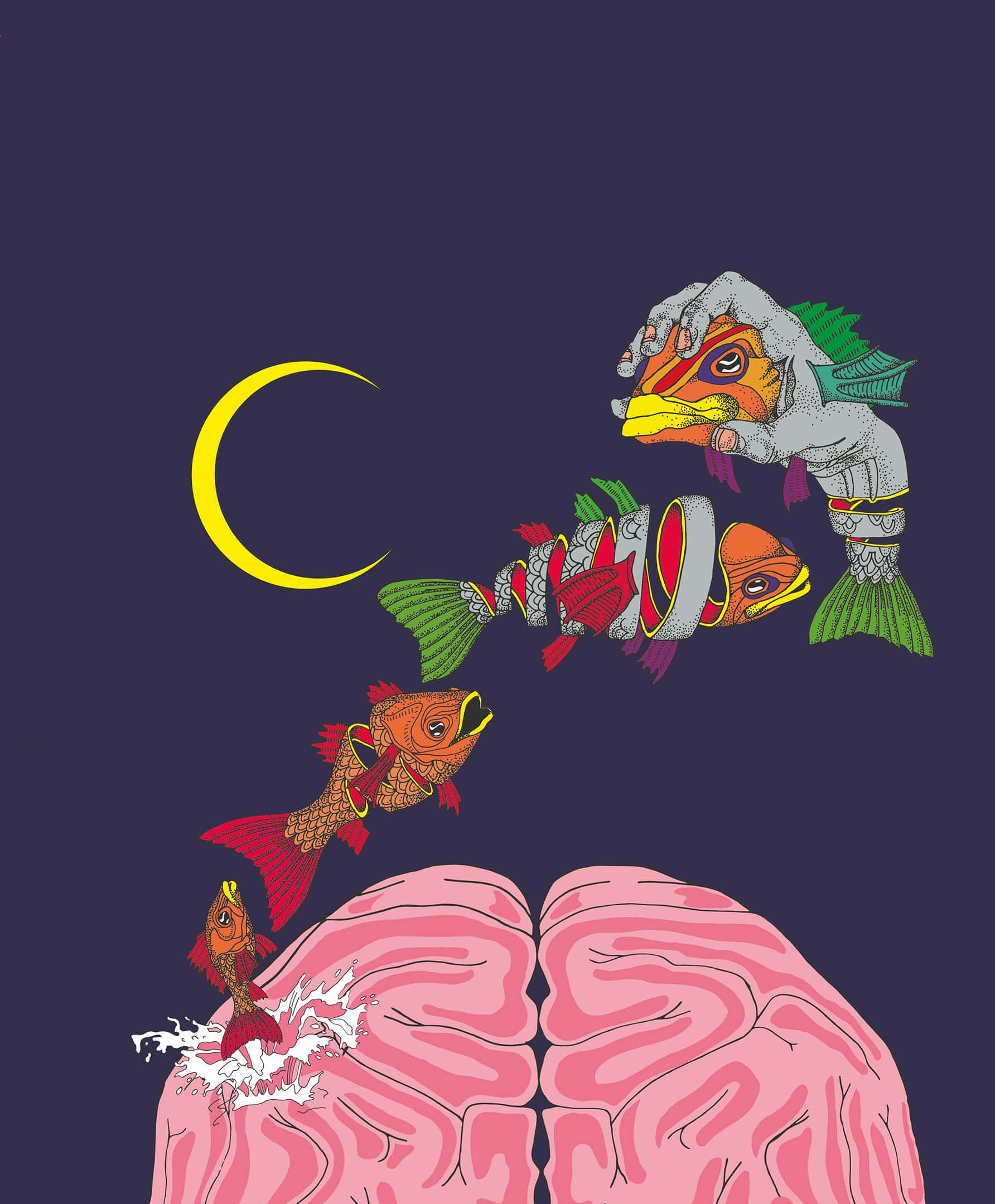 surreal dreamscape, fish, pink brain, Full HD Phone Wallpaper