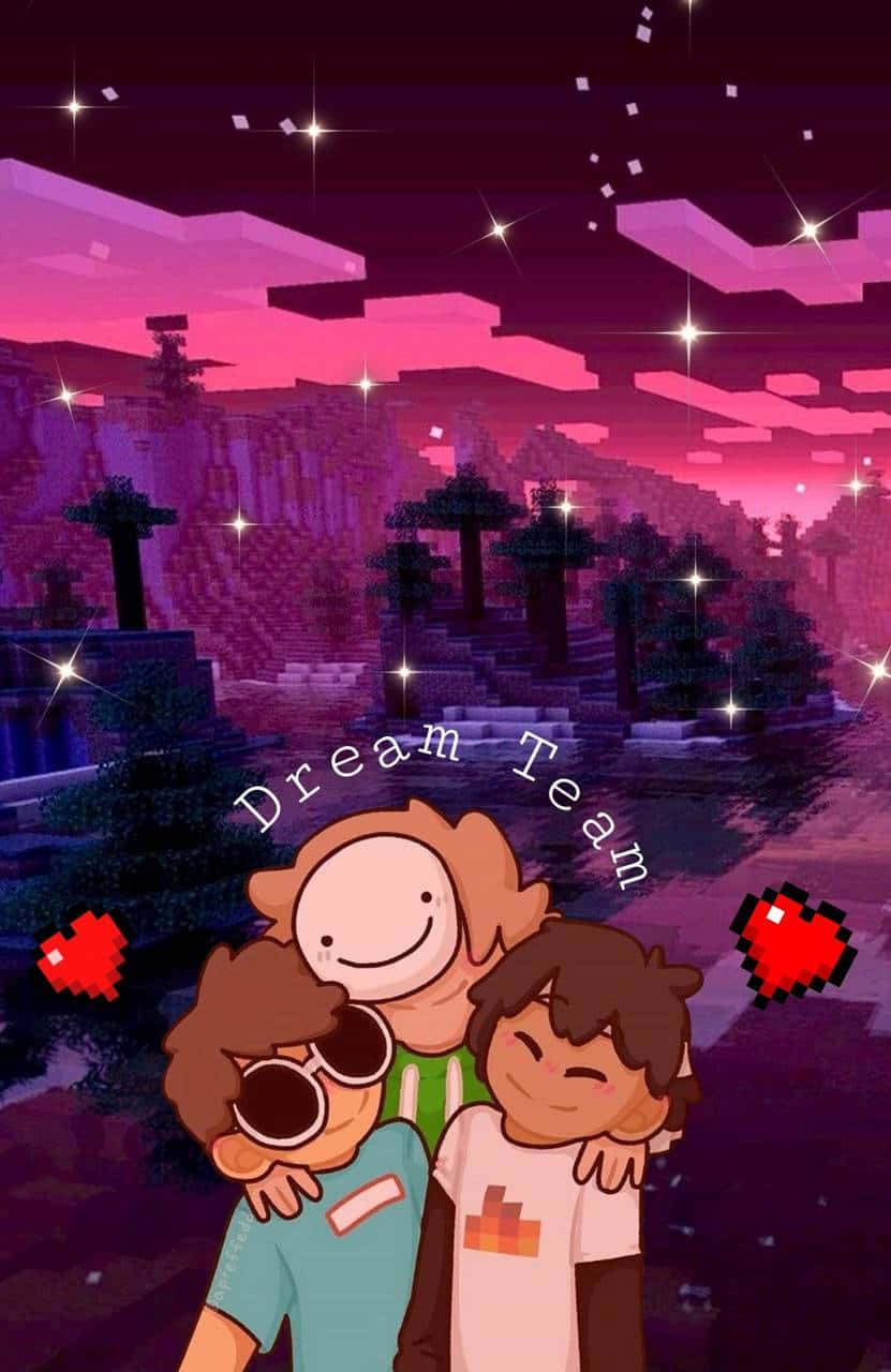 The Dream Team Minecraft, pixel-art friends, sparkling pink and purple Minecraft sky, HD Phone Wallpaper