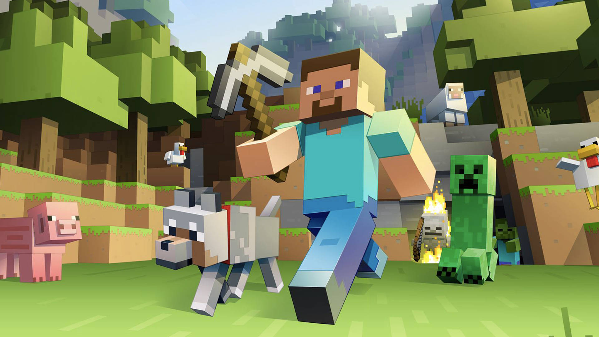 Minecraft, pickaxe, blocky forest, Full HD Desktop Wallpaper
