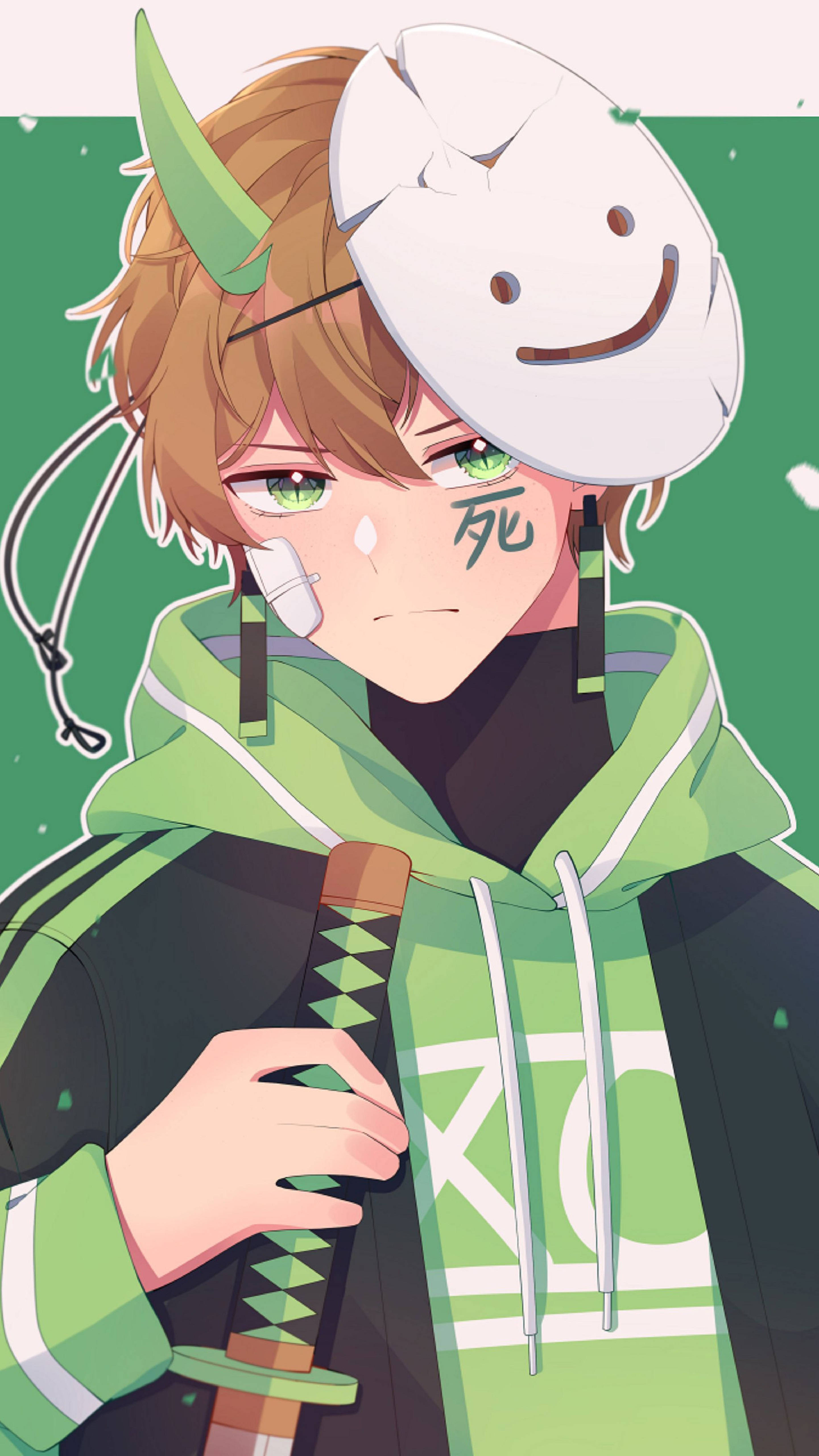 Dream SMP, green horns, cracked smile mask, 5K Phone Wallpaper