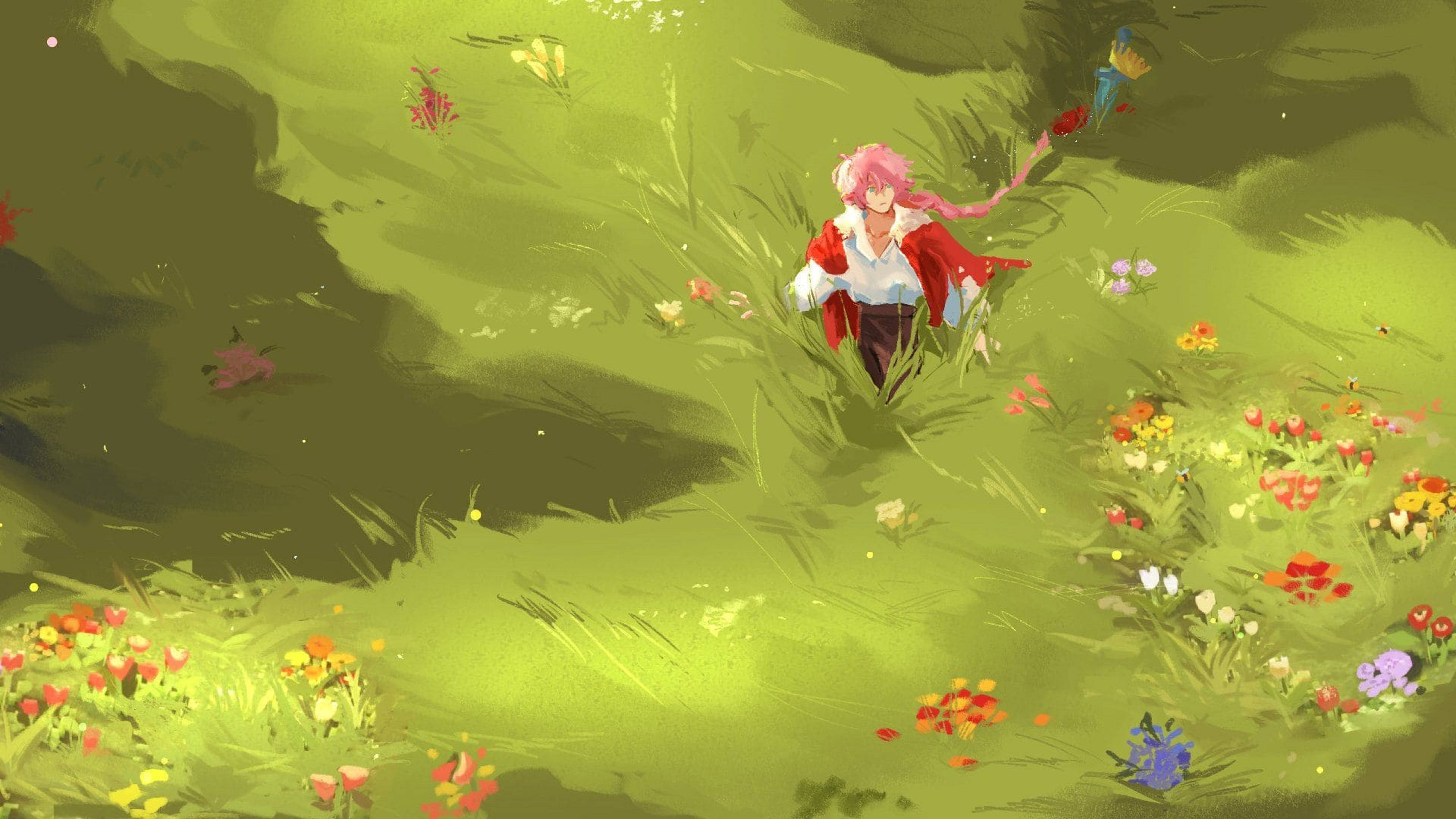 Dream SMP, techno field, pink-haired anime girl, 5K Desktop Wallpaper