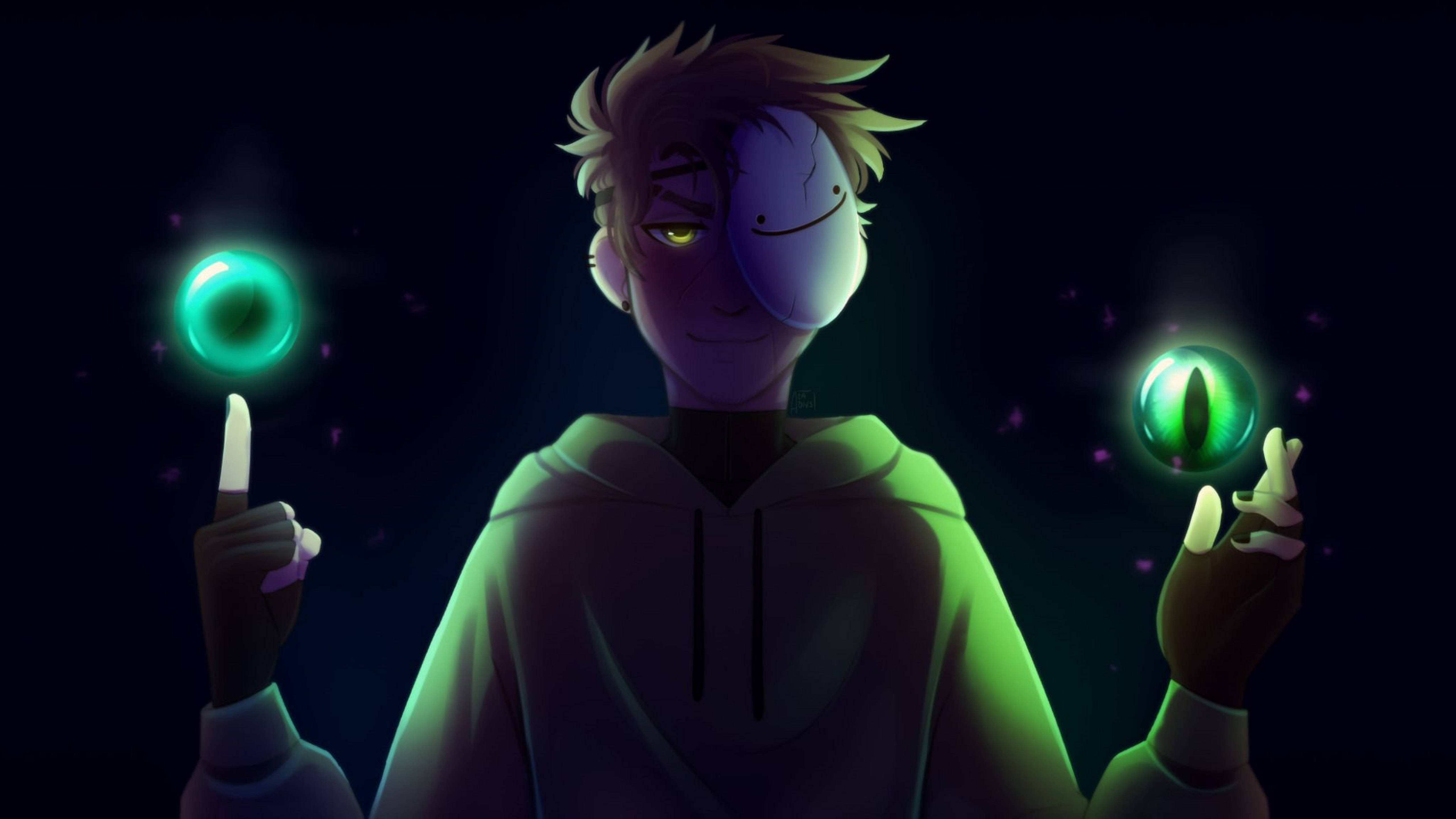 Dream SMP, Dream Dark Mask, glowing green orbs, 5K Desktop Wallpaper