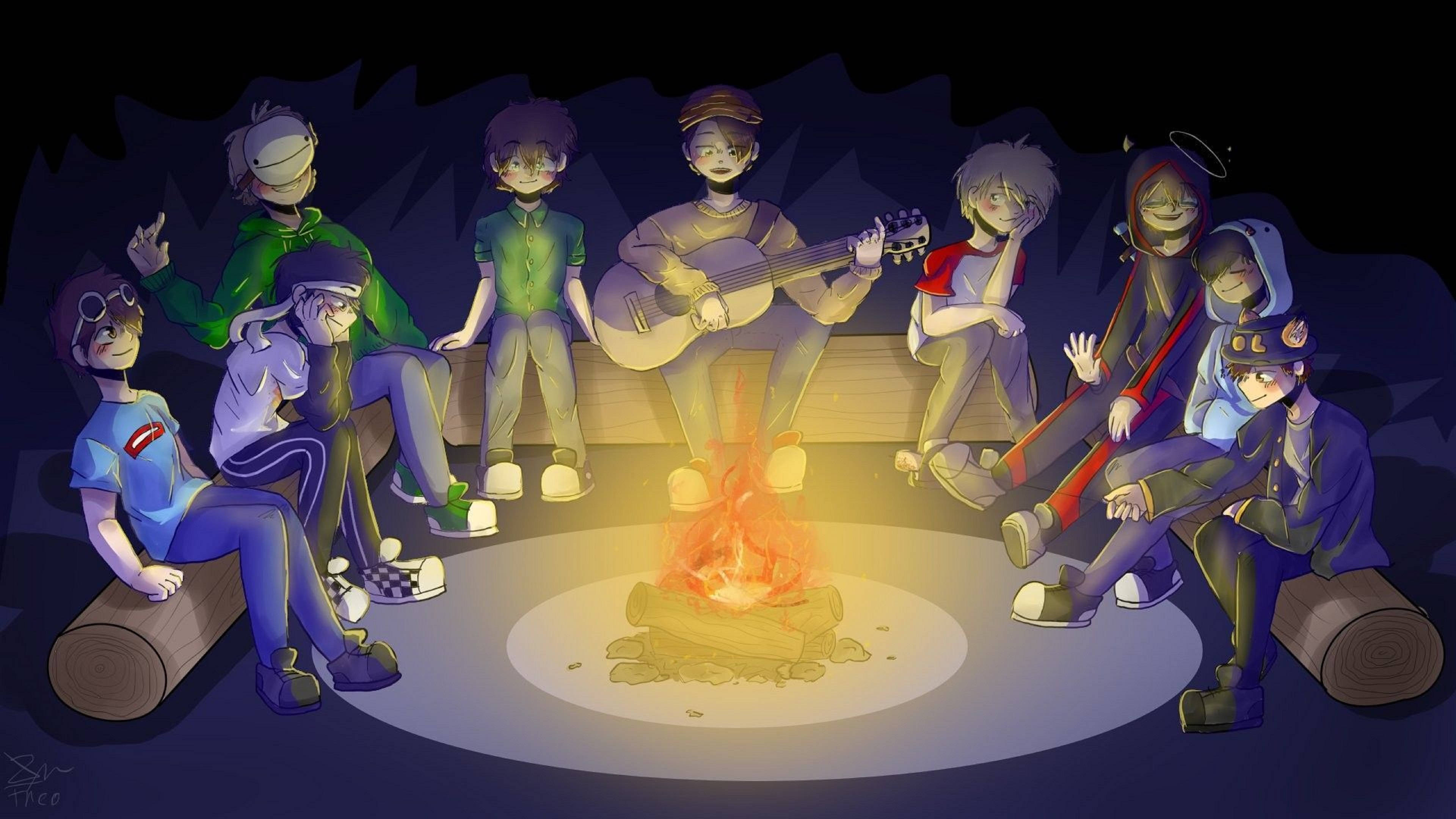 Dream SMP, campfire, night, 4K Desktop Wallpaper