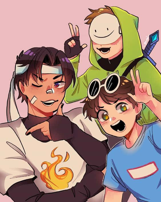 The Dream Team, anime-style friends, peace signs, SD Phone Wallpaper