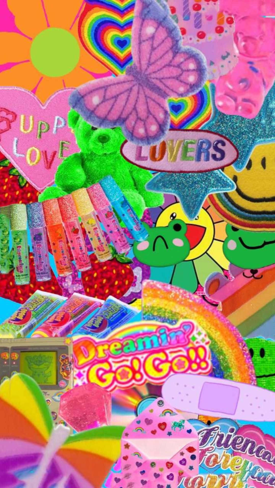 Dreamcore Vibrant Collage Aesthetic, glittery stickers, hearts, Full HD Phone Wallpaper