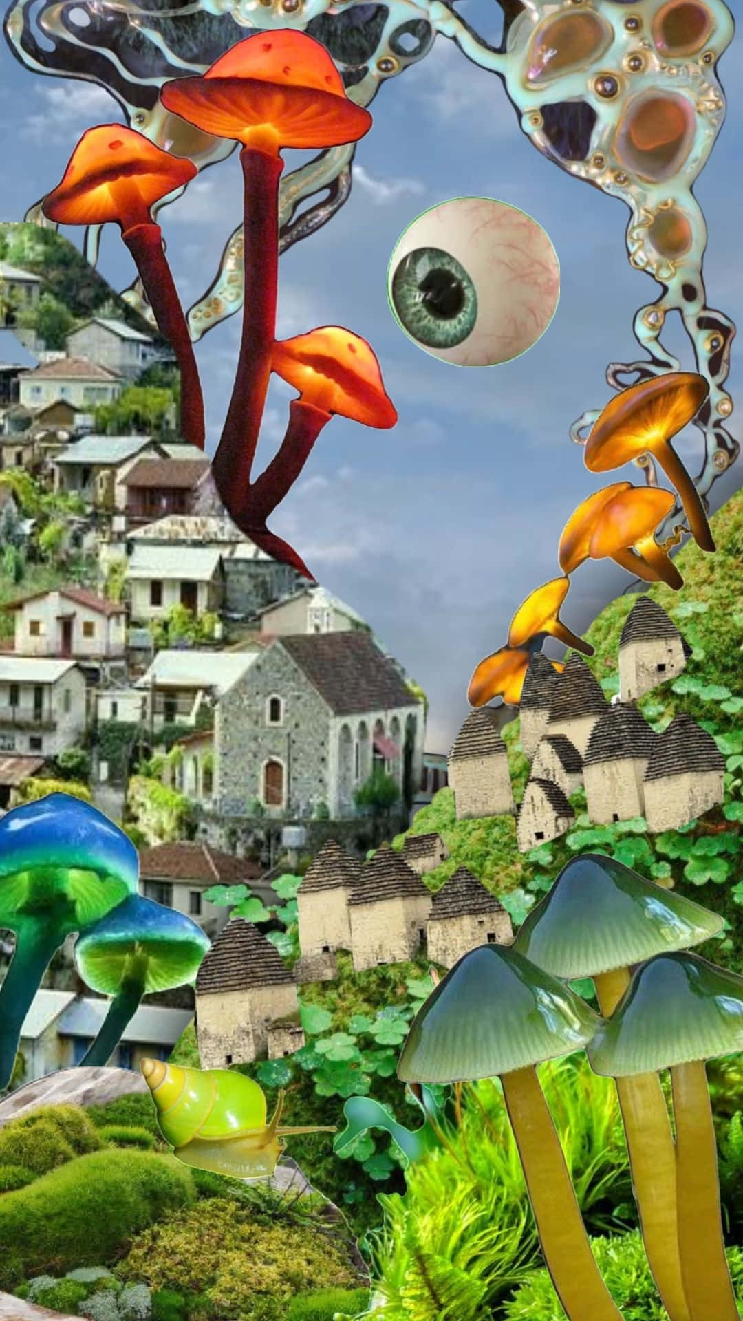 Dreamcore, mushroom village, glowing mushrooms, Full HD Phone Wallpaper