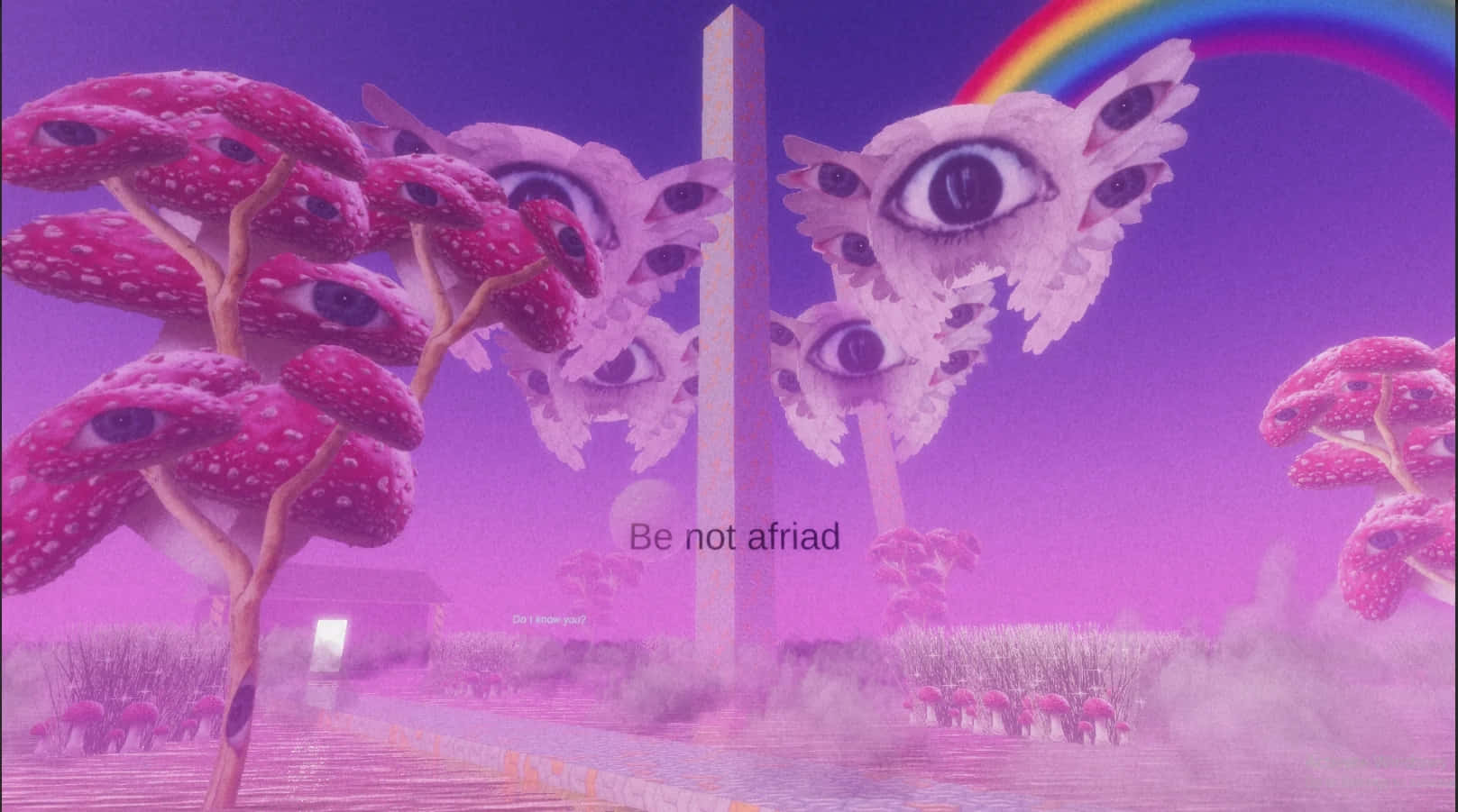 Dreamcore, surreal purple landscape, trees with pink mushroom caps, HD Desktop Wallpaper