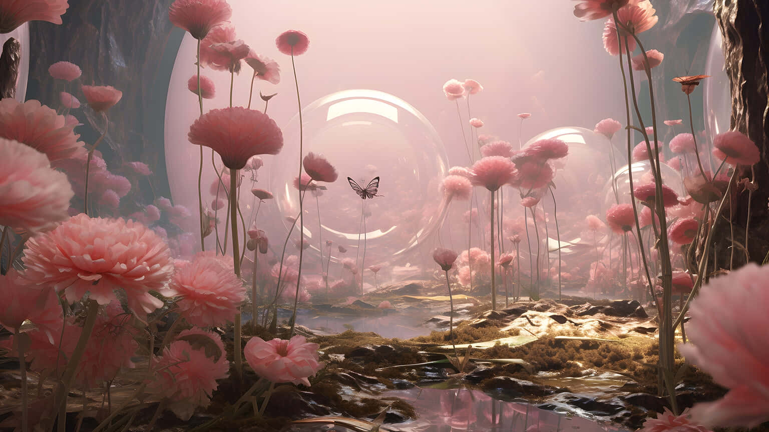 Dreamcore, floral fantasy landscape, pink flowers, HD Desktop Wallpaper