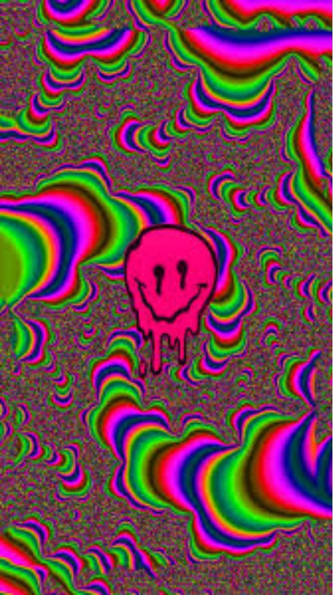 dripping pink smiley face, psychedelic glitchy swirls, neon colors, Full HD Phone Wallpaper